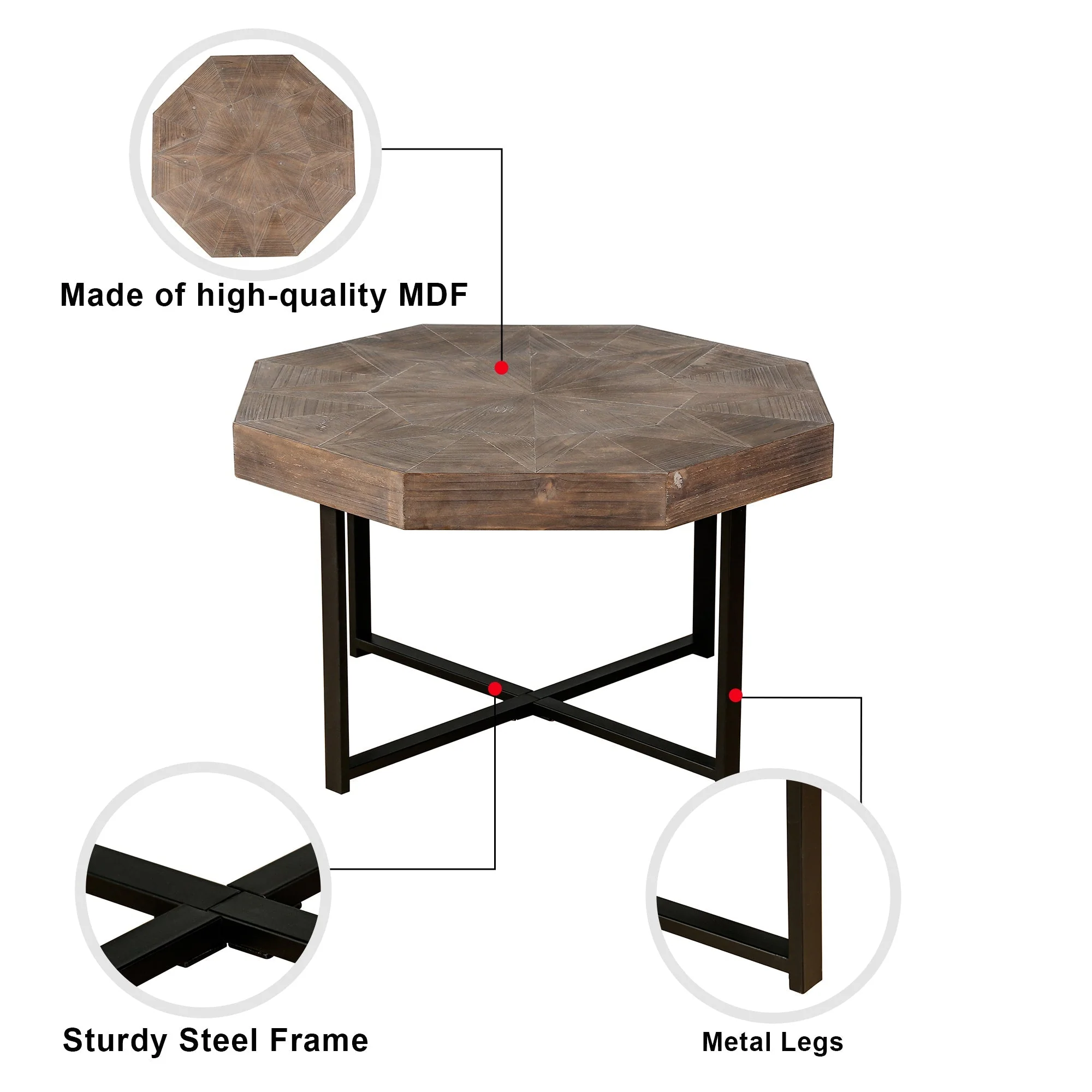 Wood Octagonal Vintage Patchwork Coffee Table - Image 10