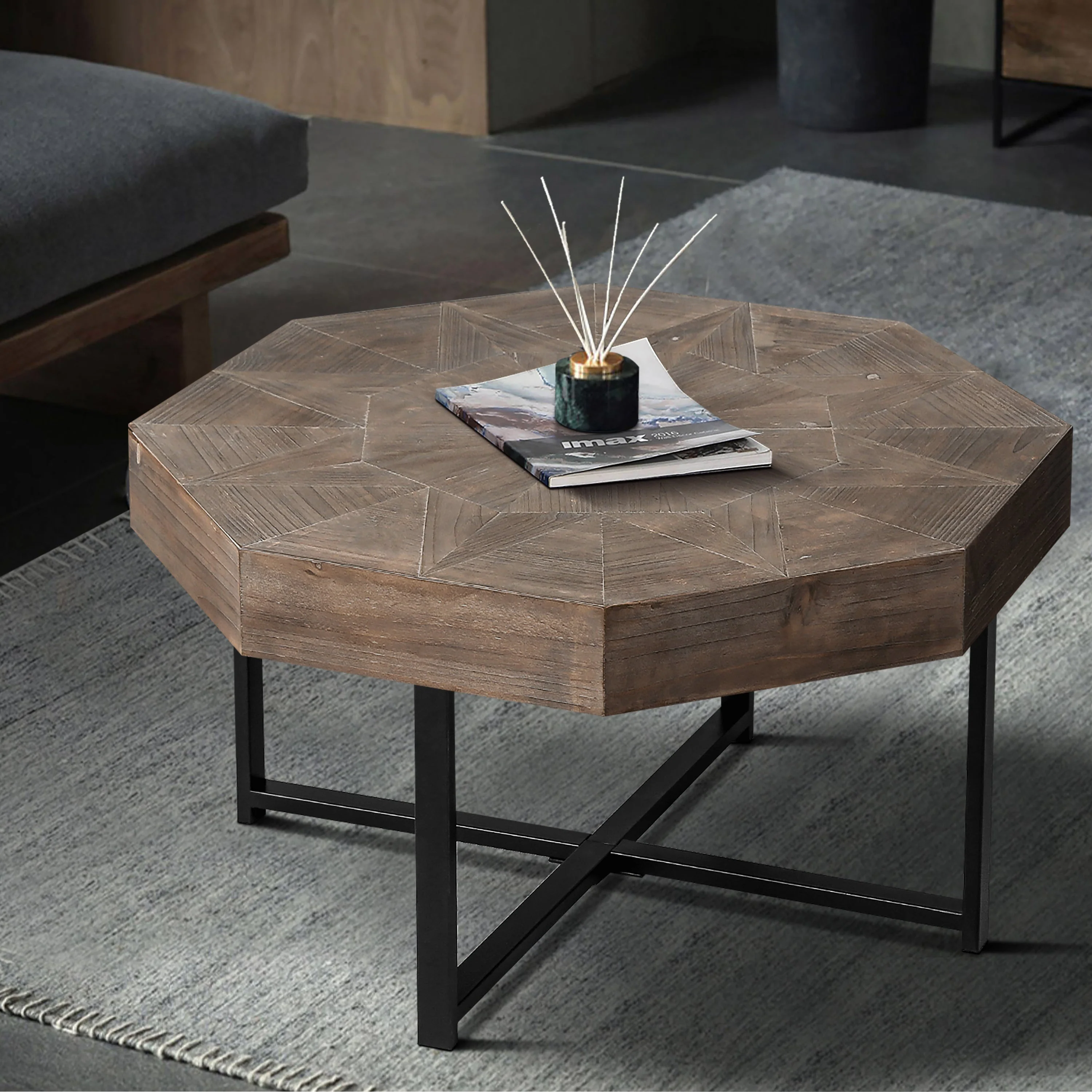 Wood Octagonal Vintage Patchwork Coffee Table - Image 4