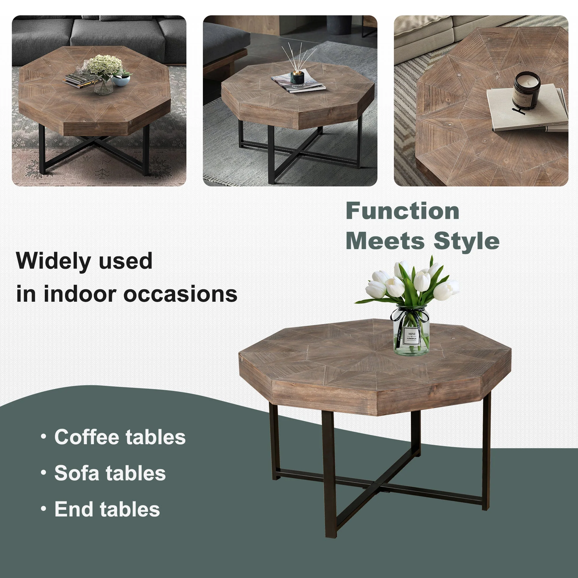 Wood Octagonal Vintage Patchwork Coffee Table - Image 6