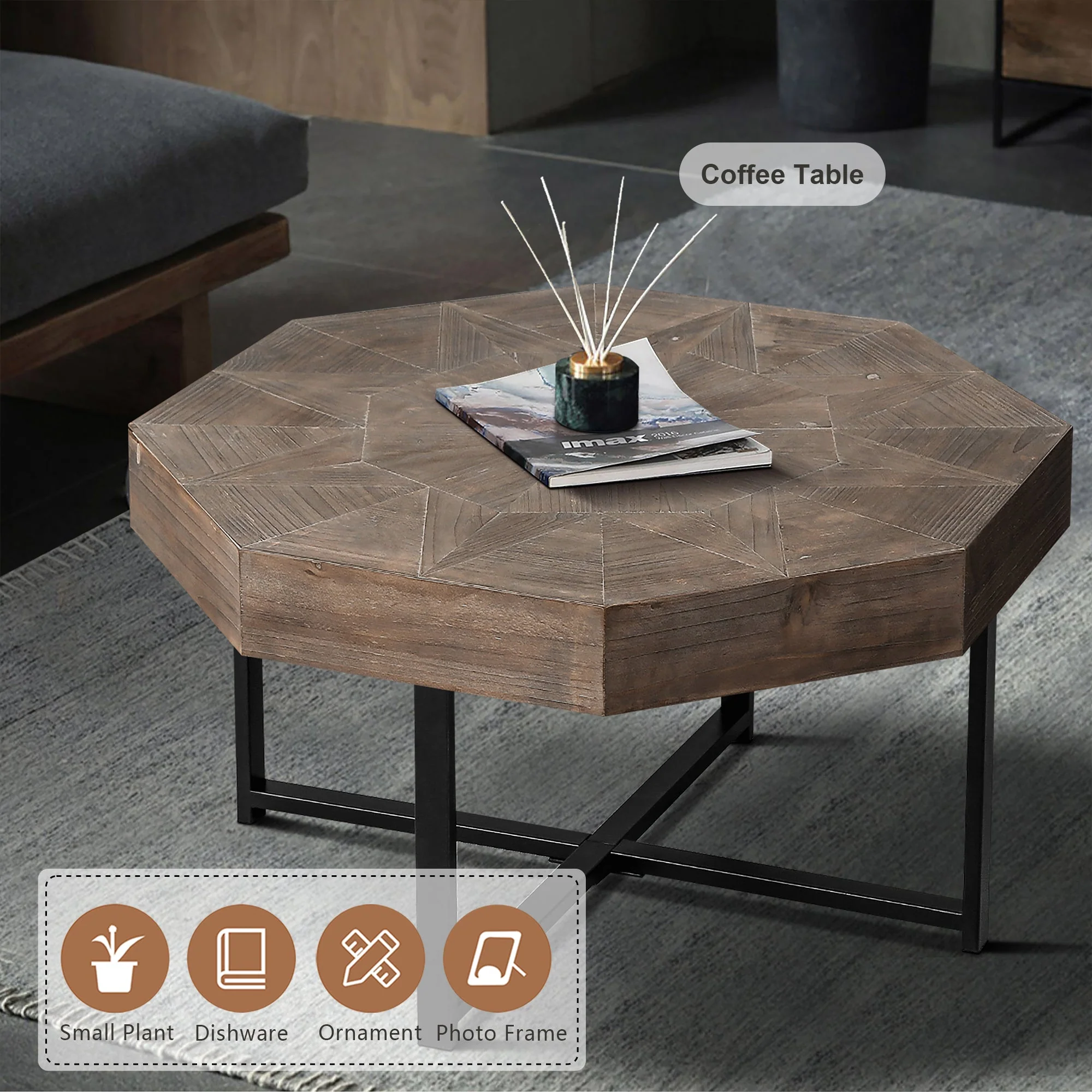 Wood Octagonal Vintage Patchwork Coffee Table - Image 7