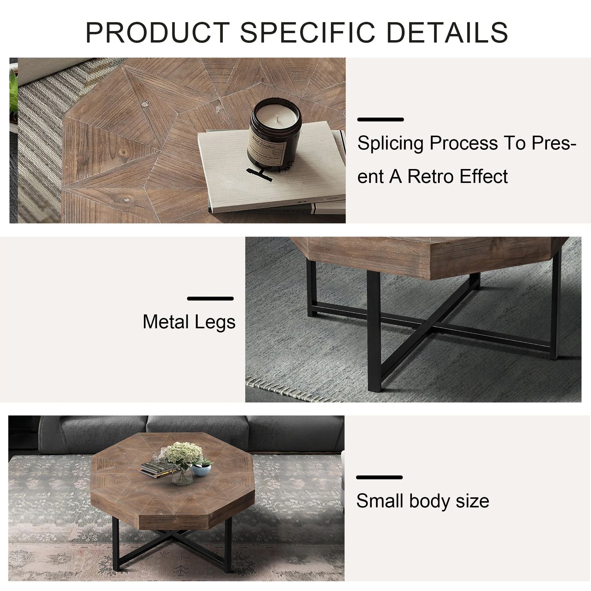 Wood Octagonal Vintage Patchwork Coffee Table - Image 8