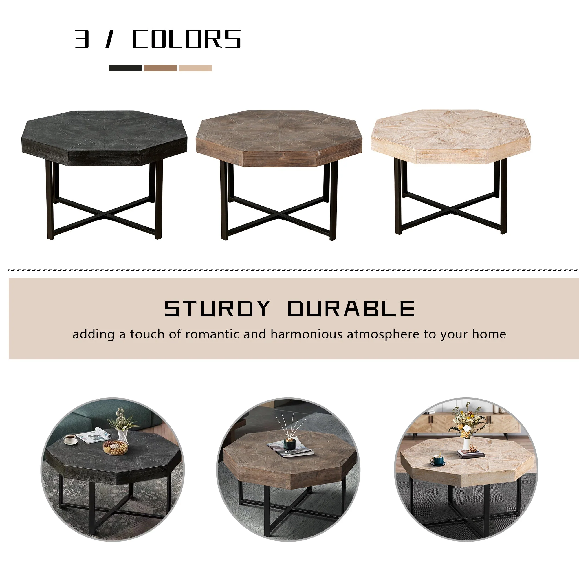 Wood Octagonal Vintage Patchwork Coffee Table - Image 9