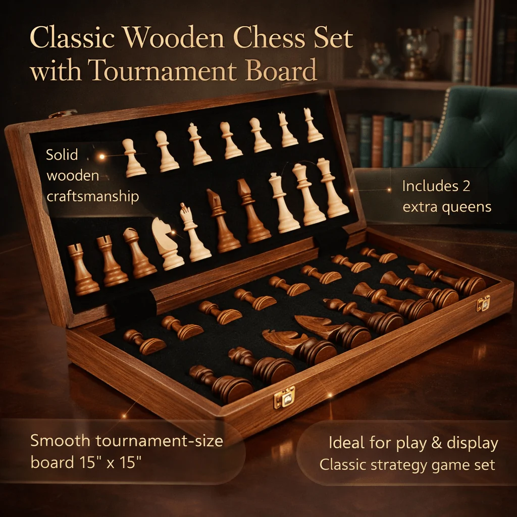 Wooden Chess Set 40cm Tournament Board Strategy Game with Extra Queens - Image 3