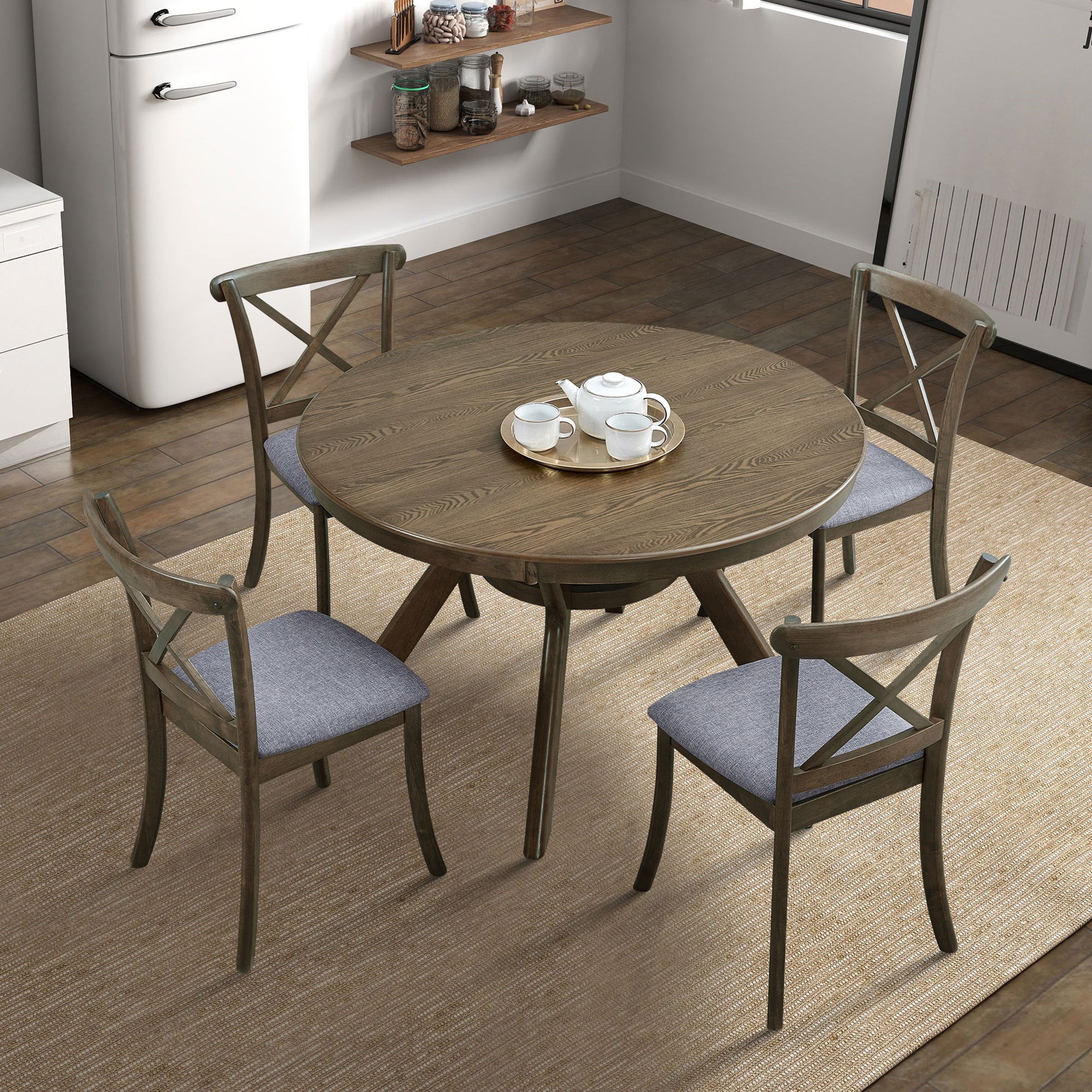 Wooden Dining Set Mid Century Modern Table and 4 Dining Chairs