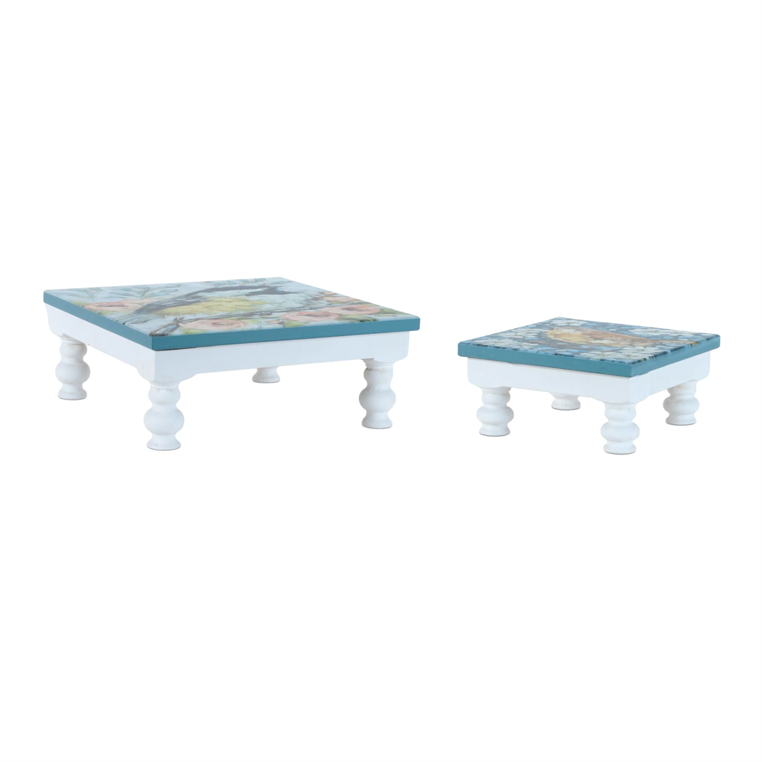 Wooden Floral Bird Pedestal Tray (Set of 2) - Image 3