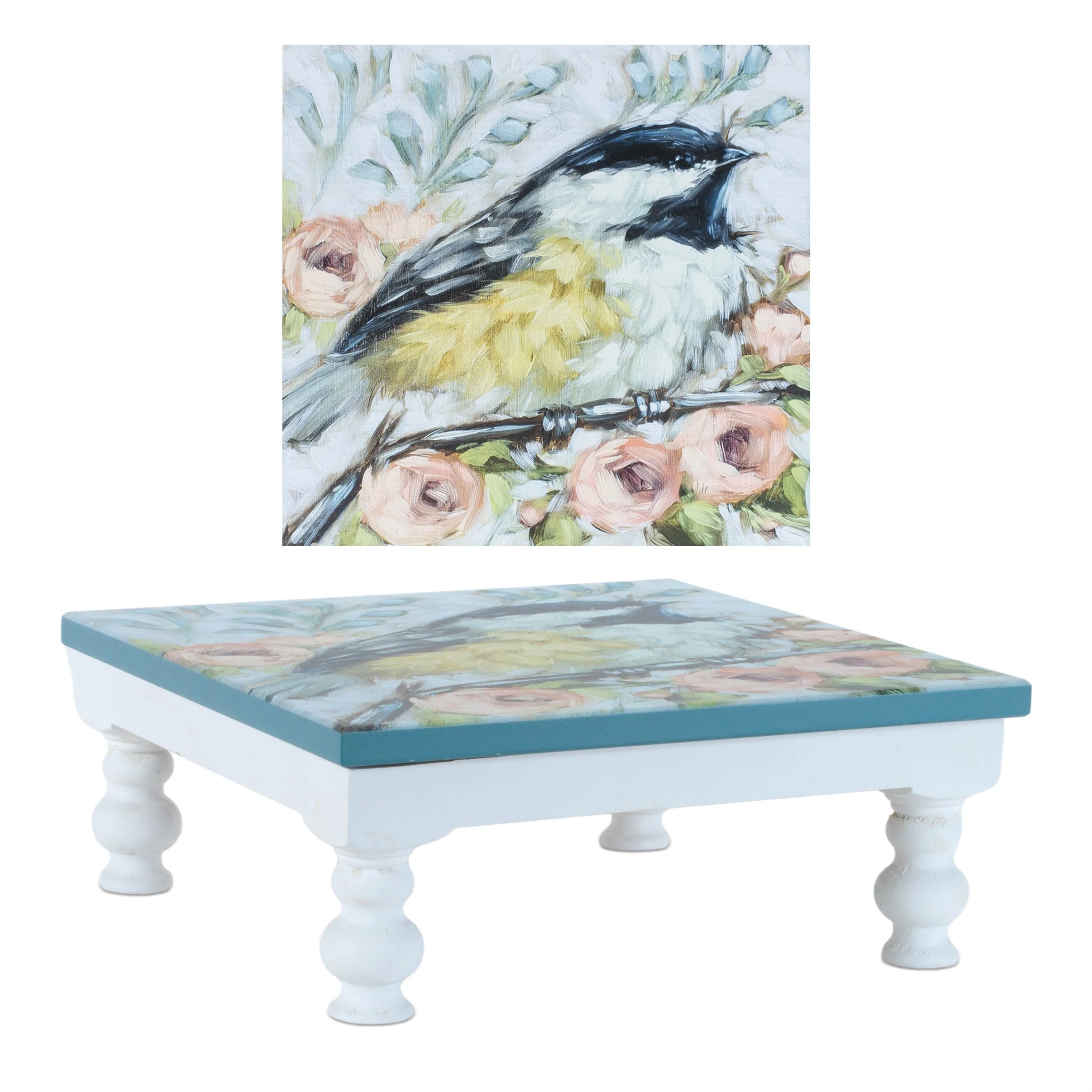 Wooden Floral Bird Pedestal Tray (Set of 2) - Image 4