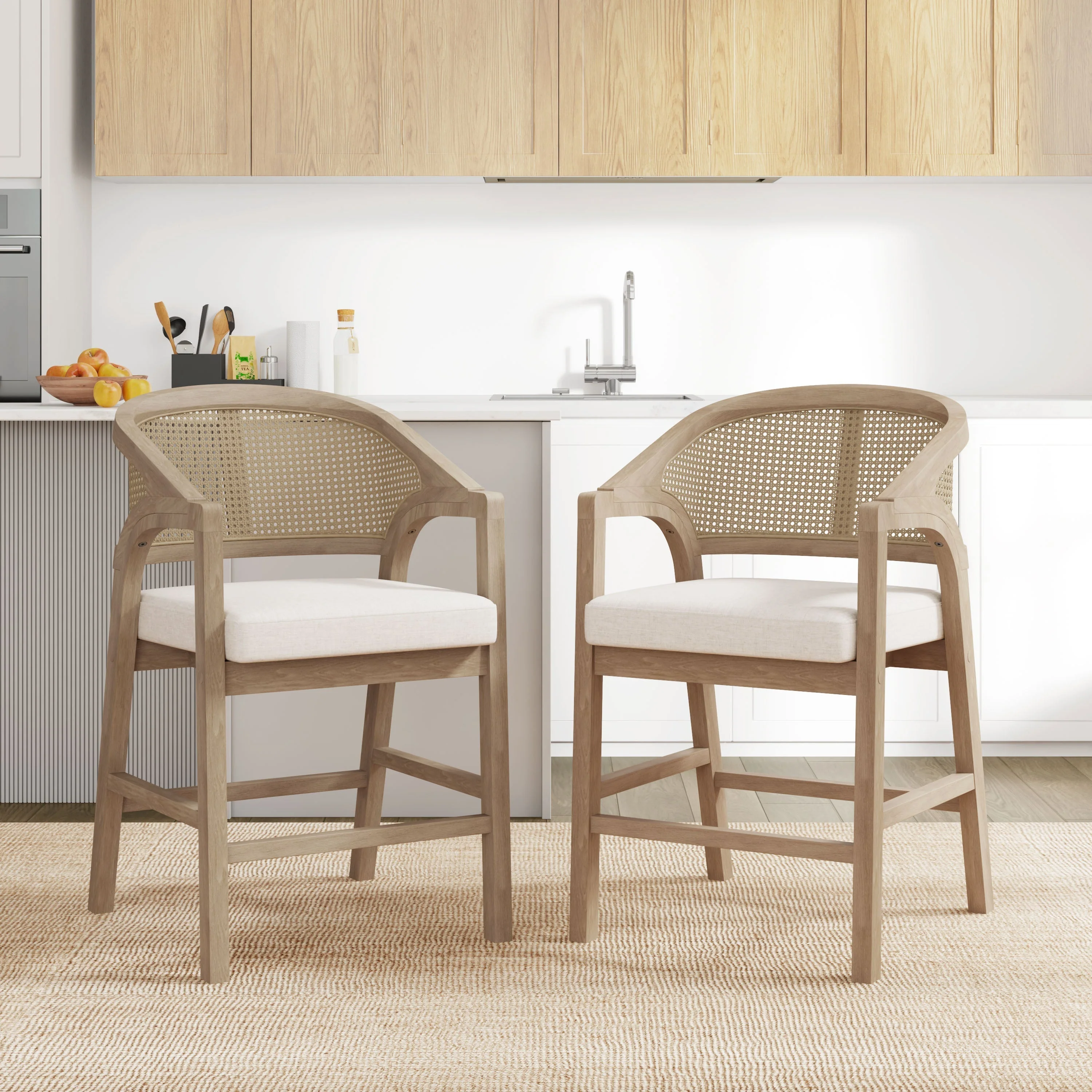 Wooden Frame Counter Stool with Rattan Back - Set of 2 - Image 12