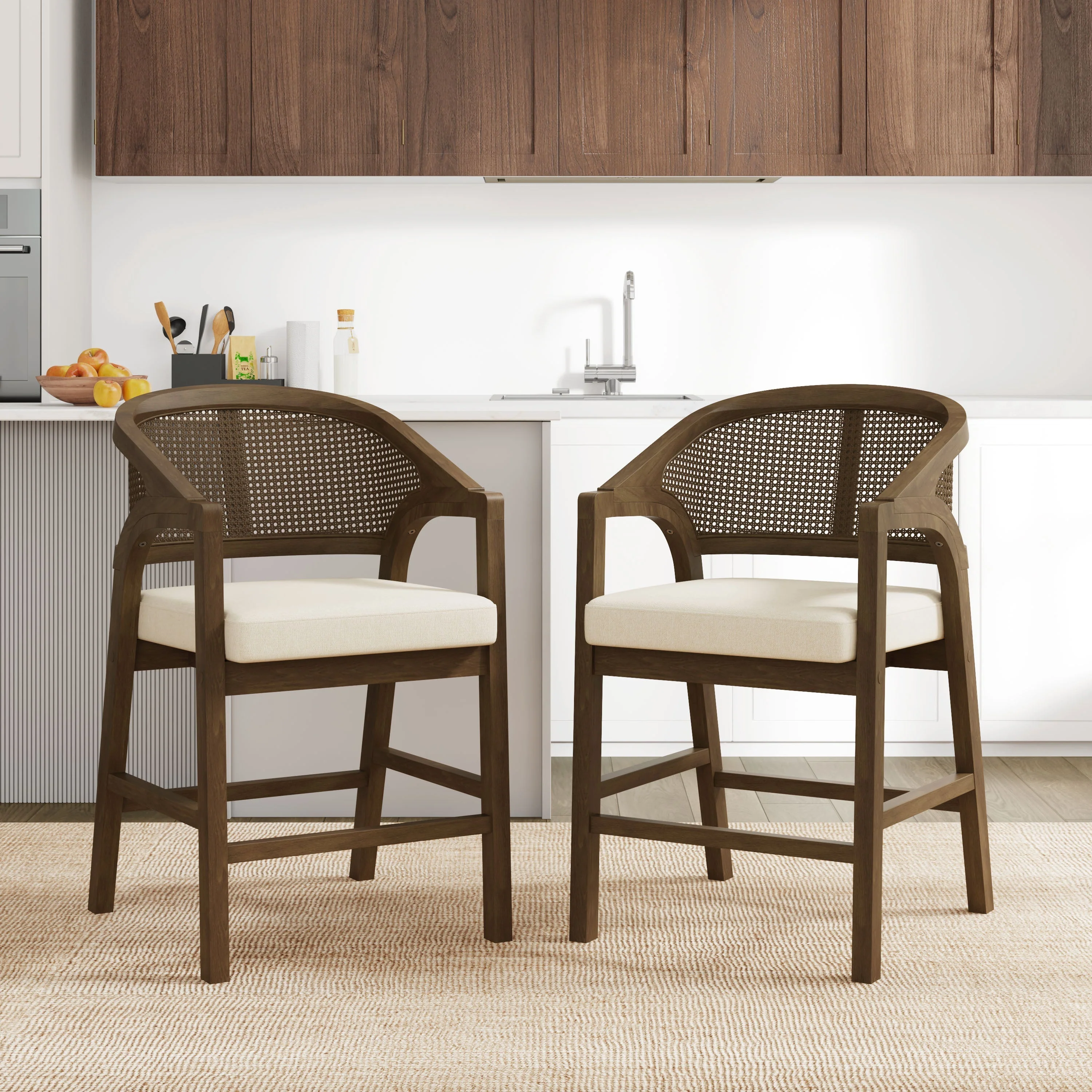 Wooden Frame Counter Stool with Rattan Back - Set of 2 - Image 17