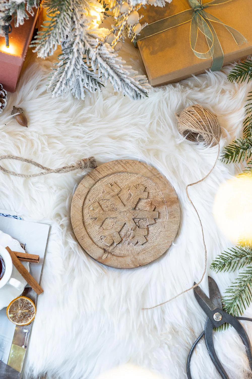 Wooden Hanging Circle With Snowflake Cut Christmas Ornaments (Set of 12) - Image 5