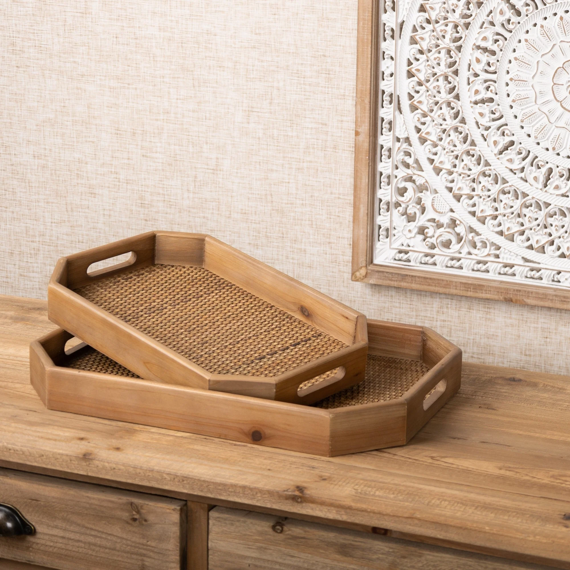 Wooden Tray with Rattan Accent (Set of 2) - Image 4