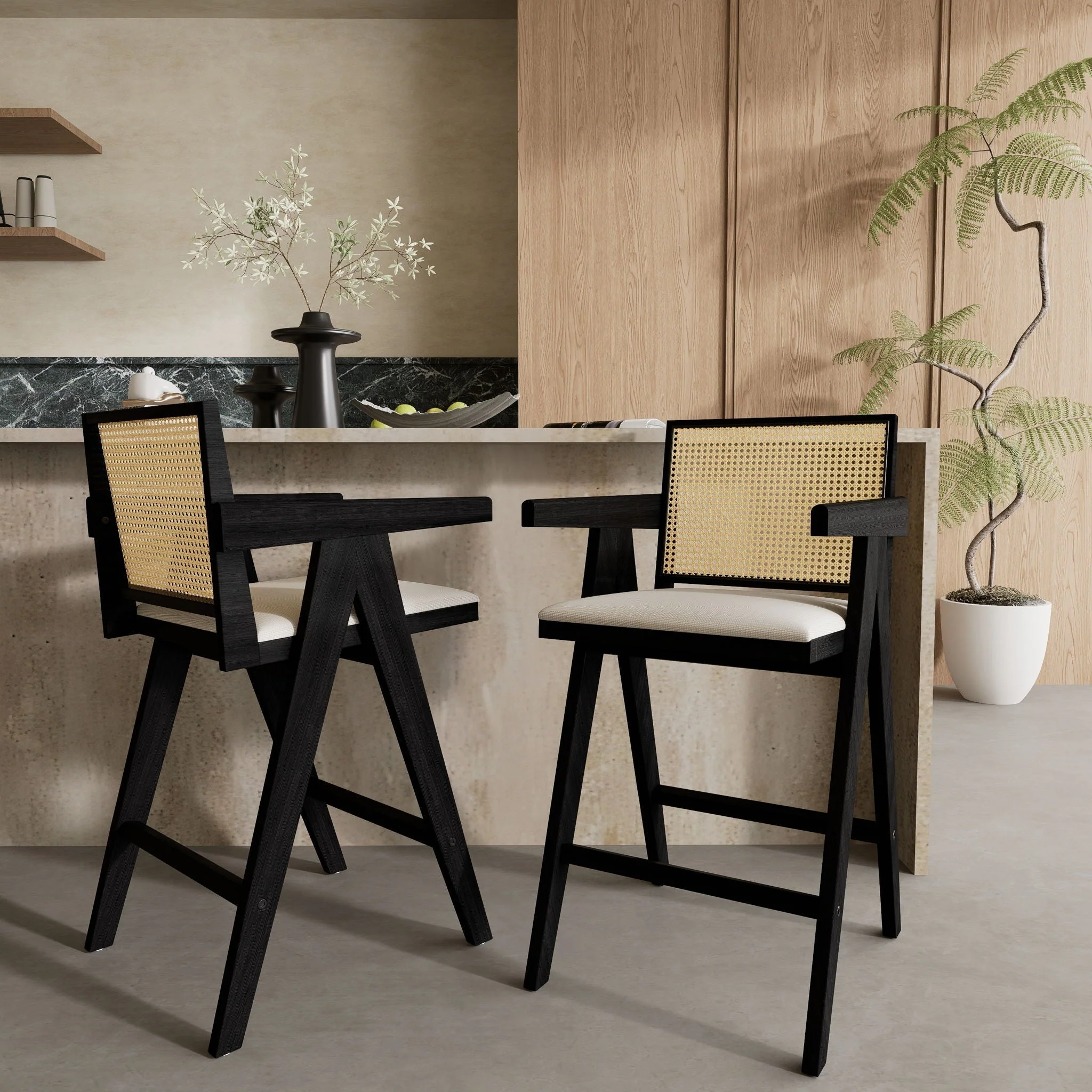 Woven Cane Plastic Backrest Bar Stool Foam Padded Fabric Seat & Durable Rubberwood Frame - Cream Gray - Image 2