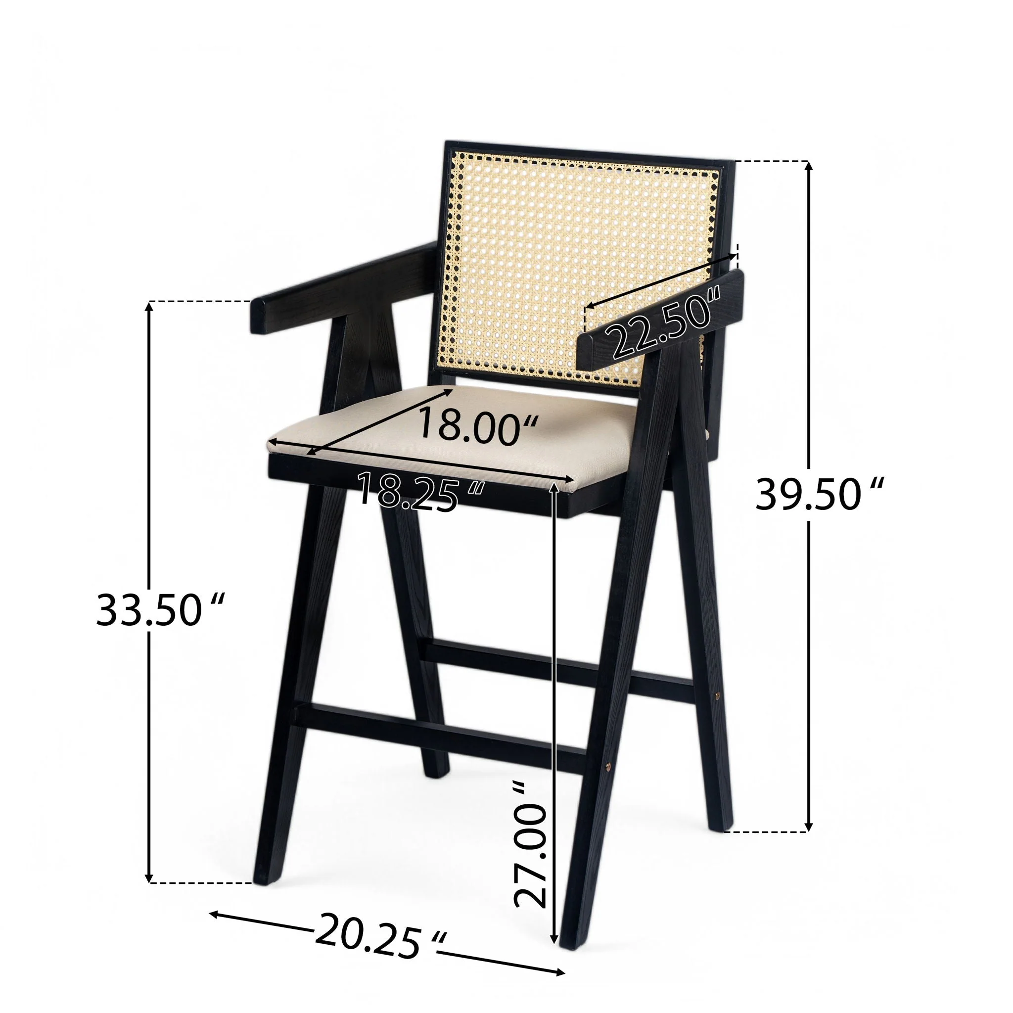 Woven Cane Plastic Backrest Bar Stool Foam Padded Fabric Seat & Durable Rubberwood Frame - Cream Gray - Image 3