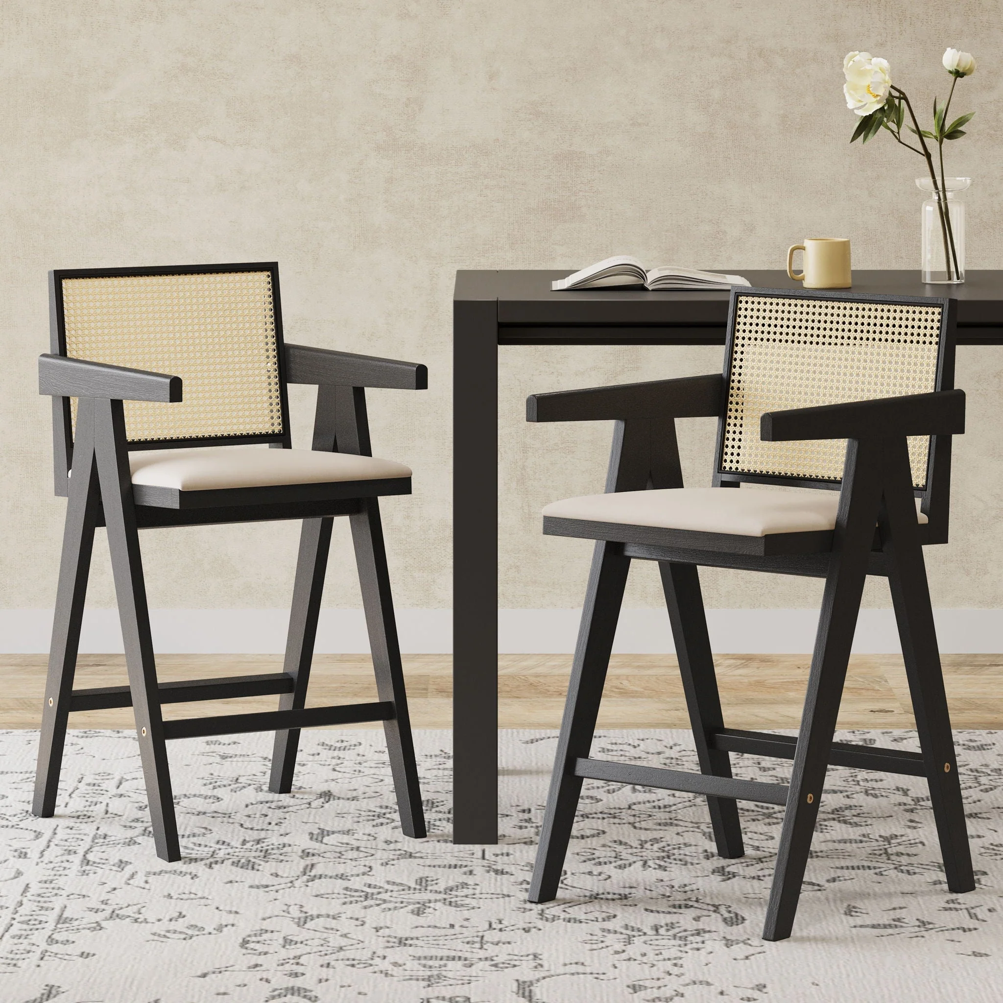 Woven Cane Plastic Backrest Bar Stool Foam Padded Fabric Seat & Durable Rubberwood Frame - Cream Gray - Image 4