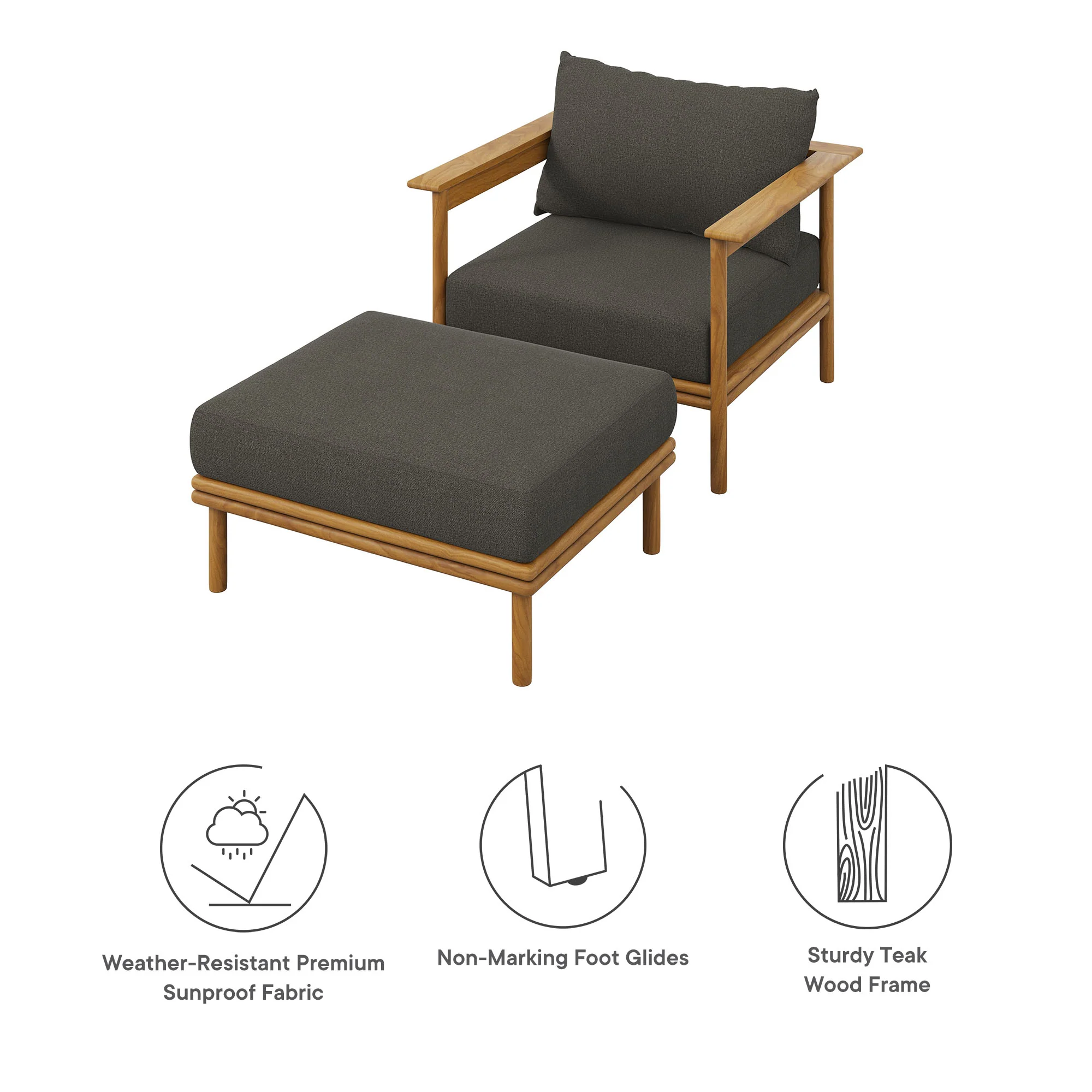 Wren Outdoor Patio Teak Wood Armchair and Ottoman Set by Modway - Image 2