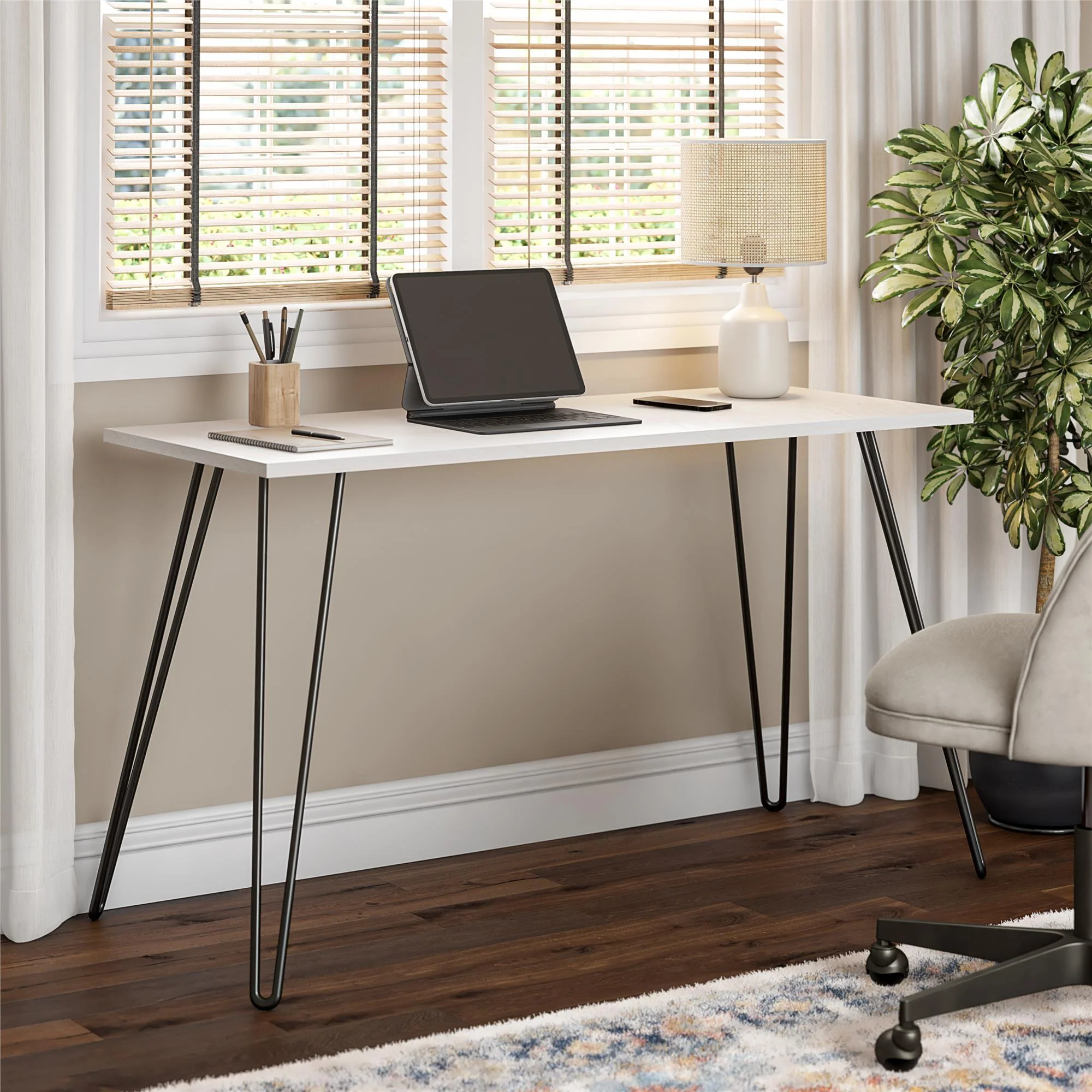 Writing Desk With Hairpin Legs For Study Or Work - White Oak - Image 3