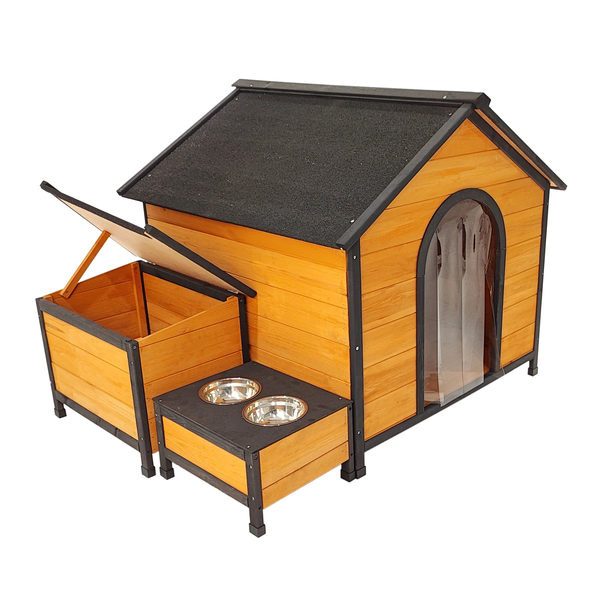 XPT088 Wearable and Strong Wooden Dog House with Metal Bowls and Toy Box - Image 2