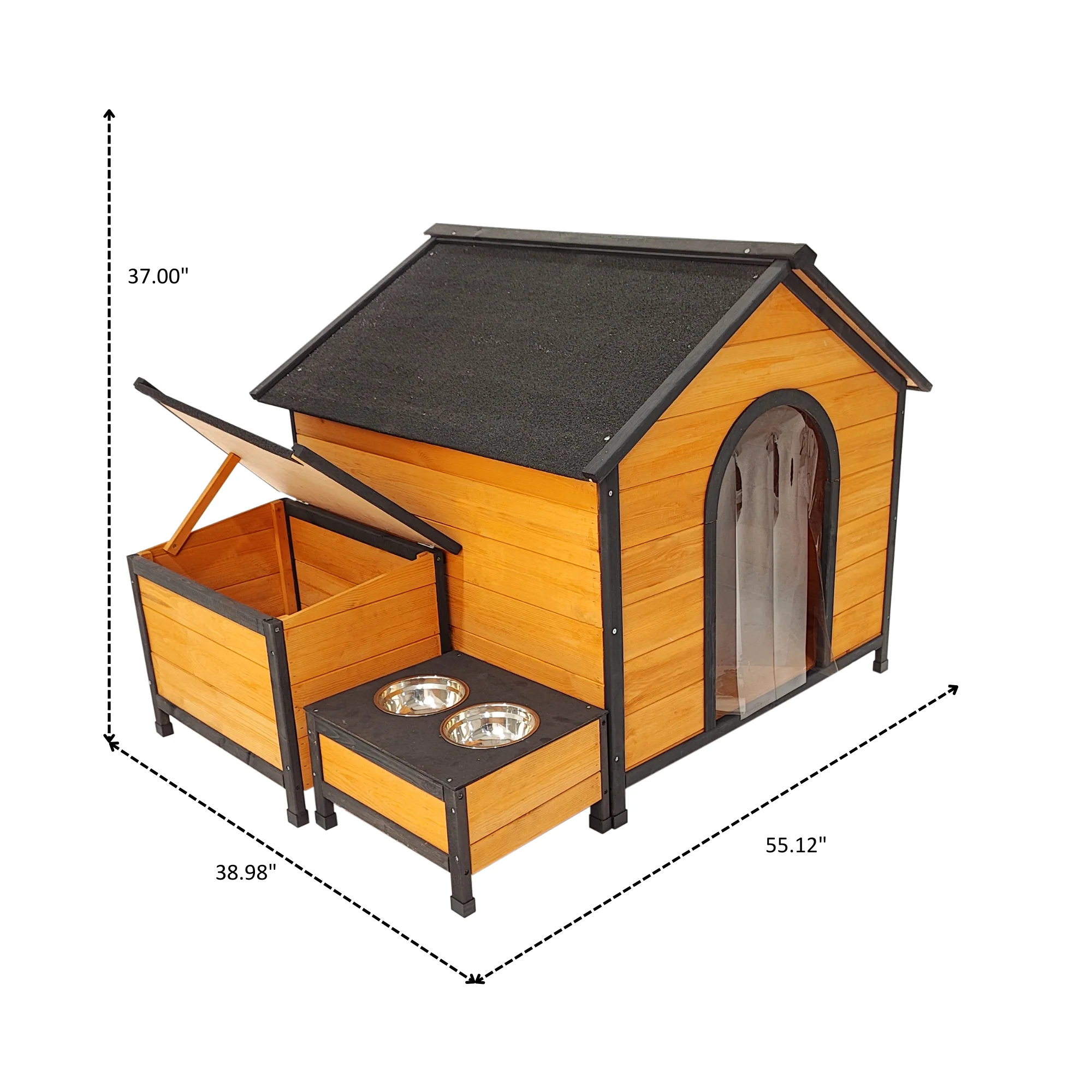 XPT088 Wearable and Strong Wooden Dog House with Metal Bowls and Toy Box - Image 3