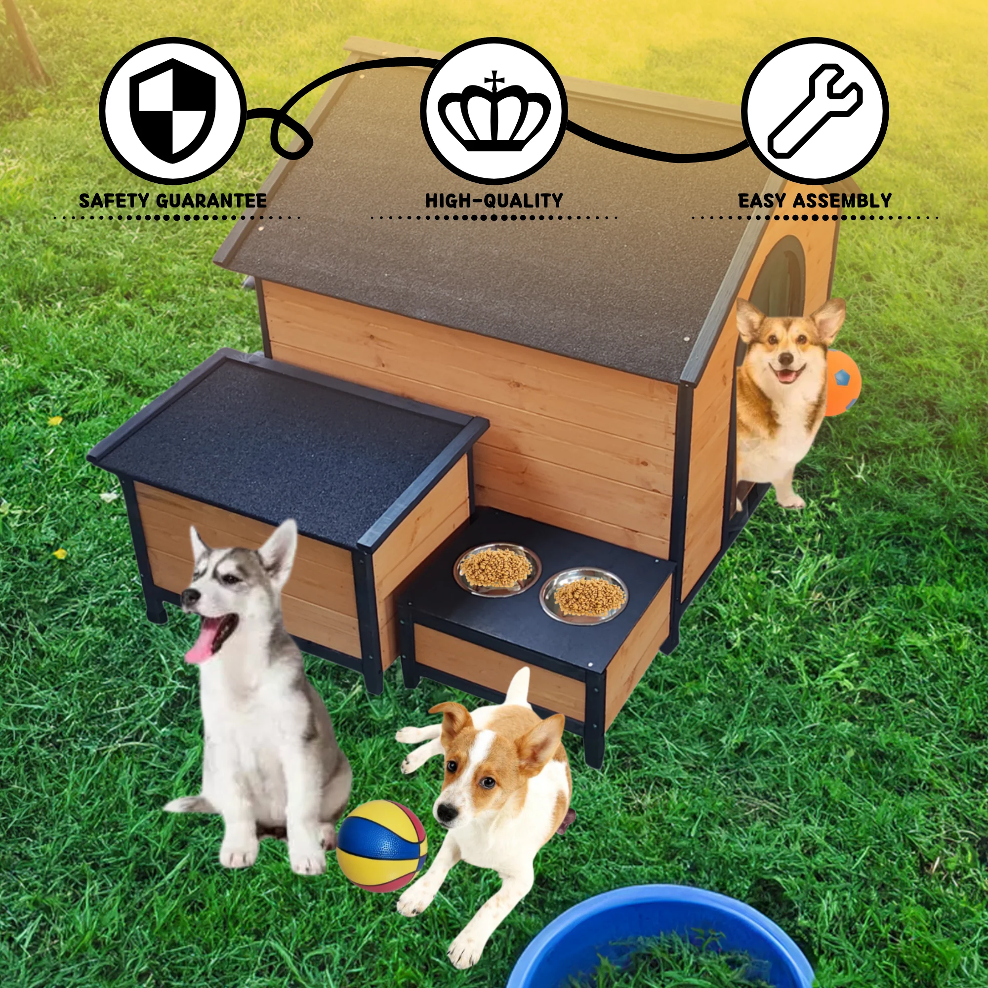 XPT088 Wearable and Strong Wooden Dog House with Metal Bowls and Toy Box - Image 4