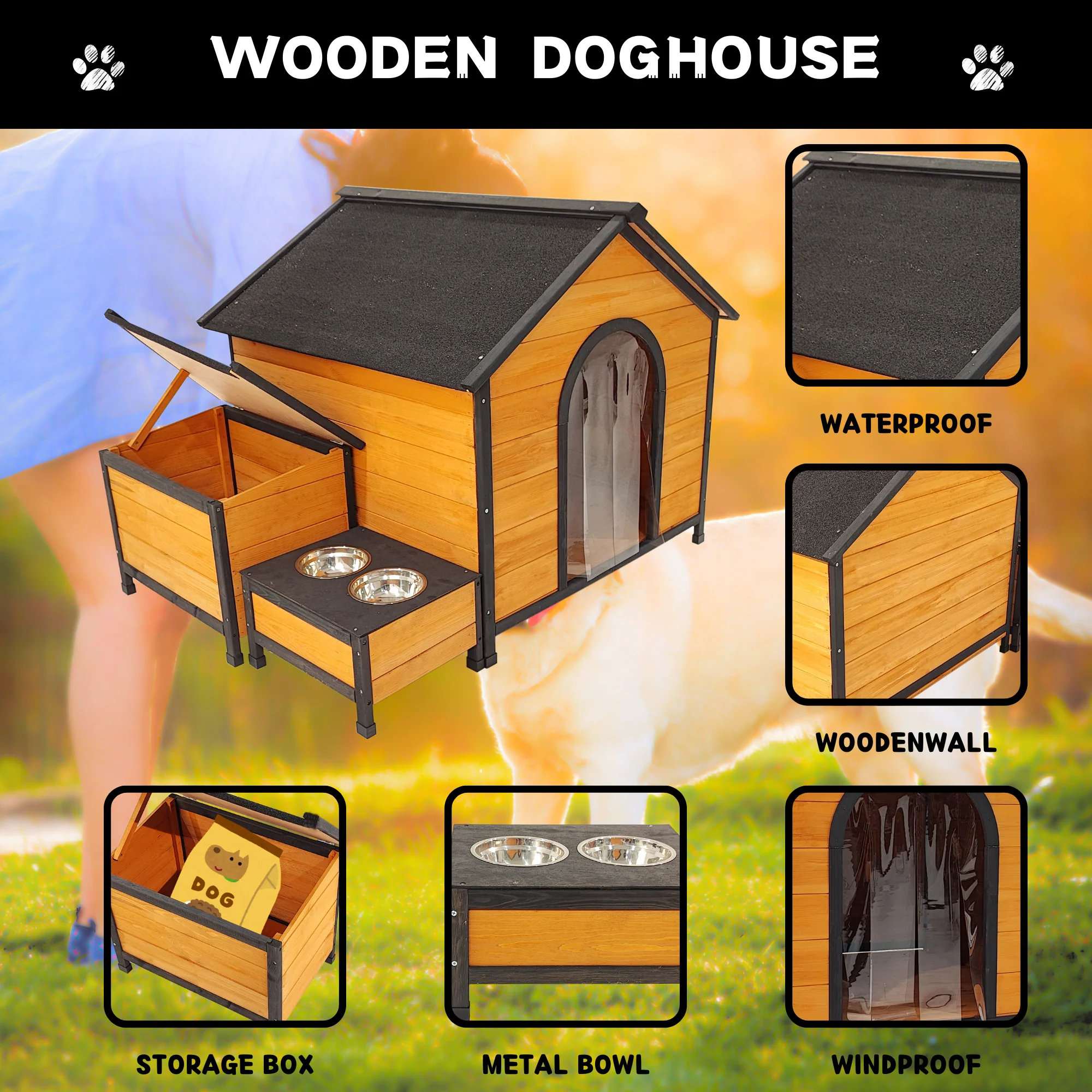 XPT088 Wearable and Strong Wooden Dog House with Metal Bowls and Toy Box - Image 5