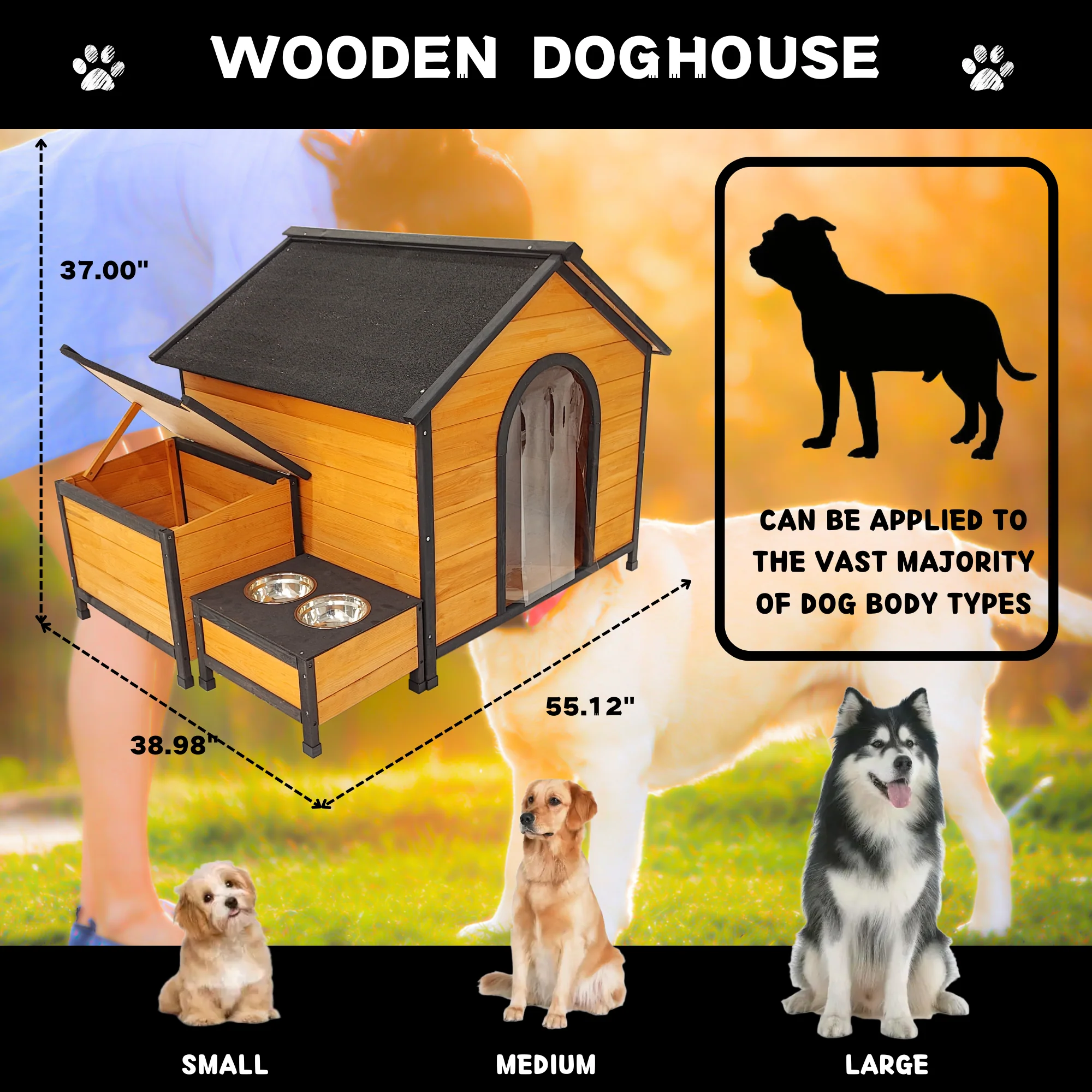XPT088 Wearable and Strong Wooden Dog House with Metal Bowls and Toy Box - Image 6