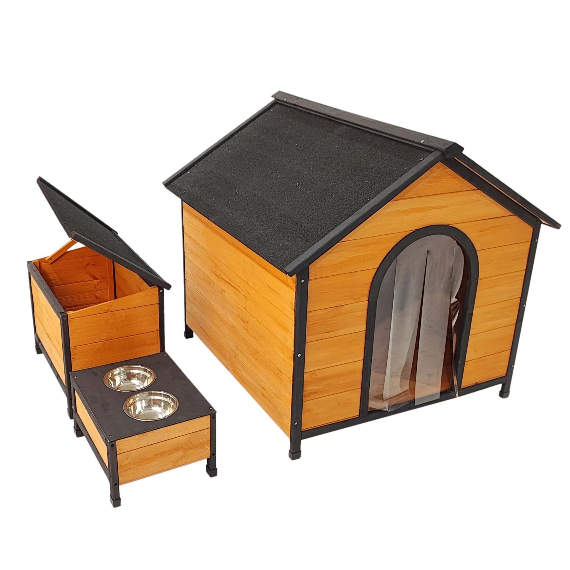 XPT088 Wearable and Strong Wooden Dog House with Metal Bowls and Toy Box - Image 9