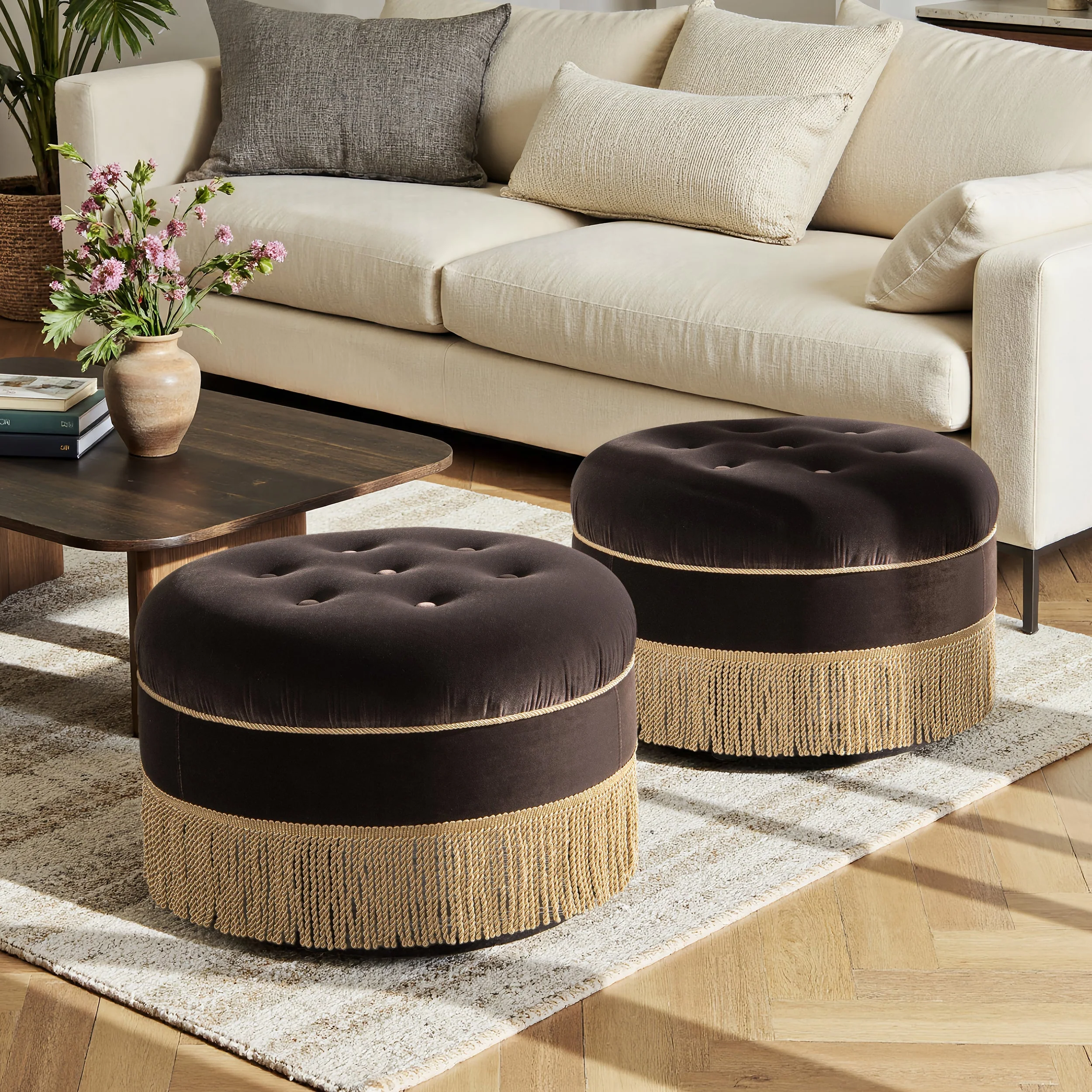 Yolanda 24" Round Upholstered Accent Ottoman Deep Brown Performance Velvet - Image 2
