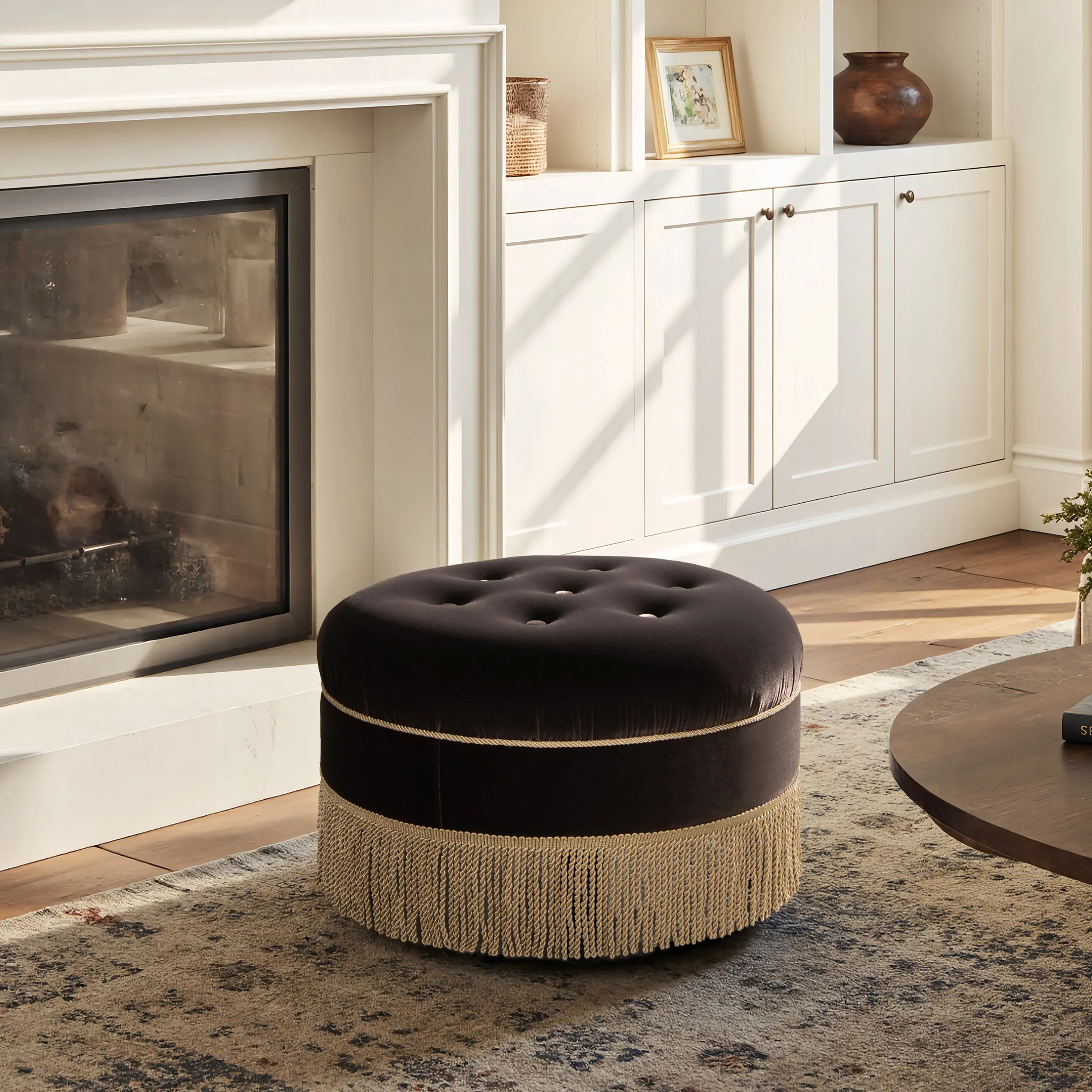 Yolanda 24" Round Upholstered Accent Ottoman Deep Brown Performance Velvet - Image 3