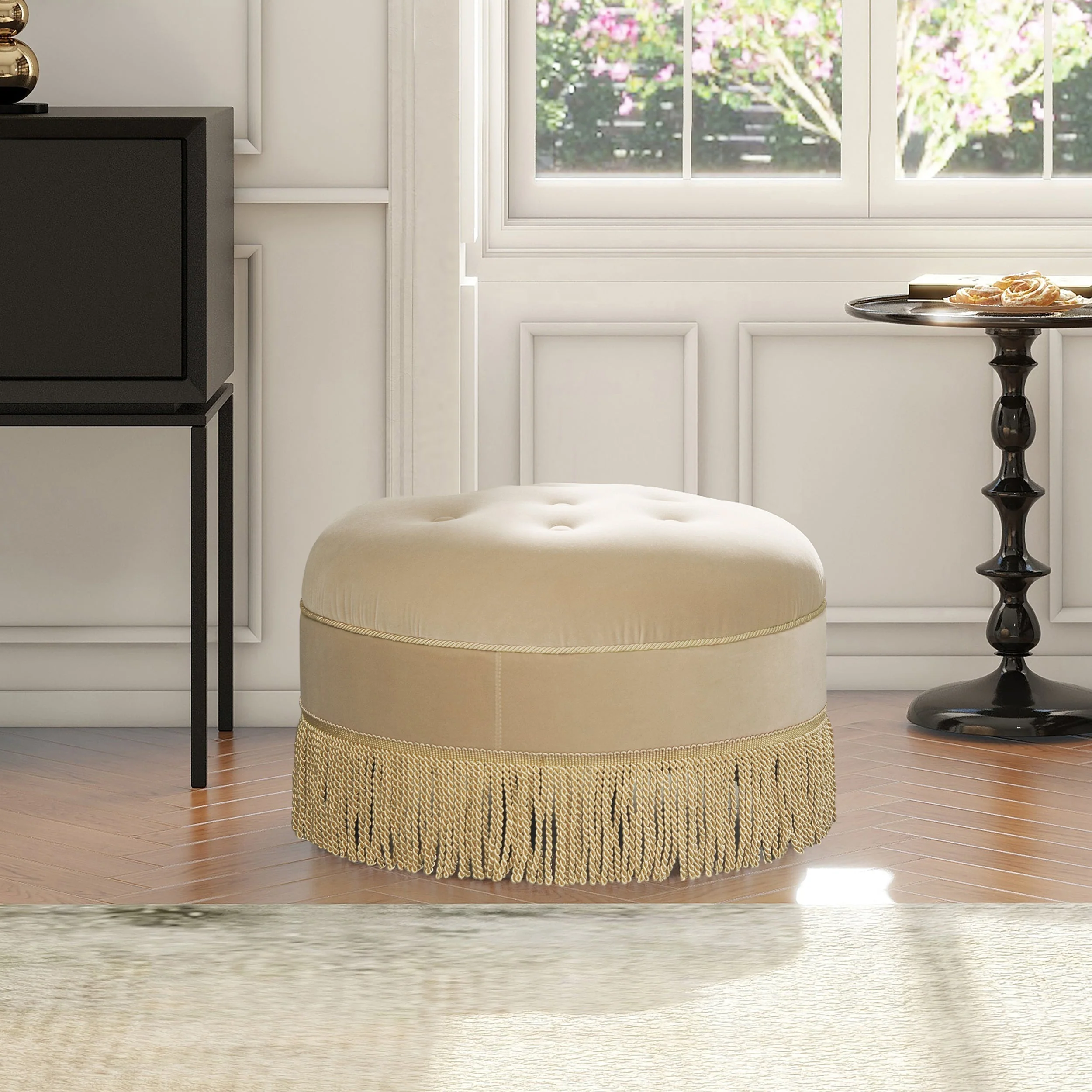 Yolanda 24" Round Upholstered Accent Ottoman in Fawn Brown Velvet - Image 2