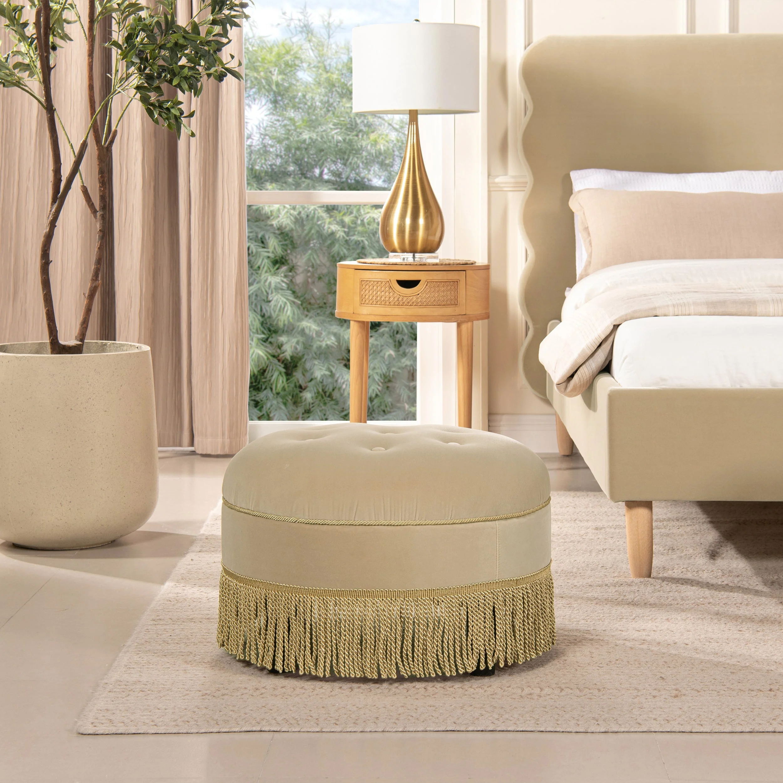 Yolanda 24" Round Upholstered Accent Ottoman in Fawn Brown Velvet - Image 5