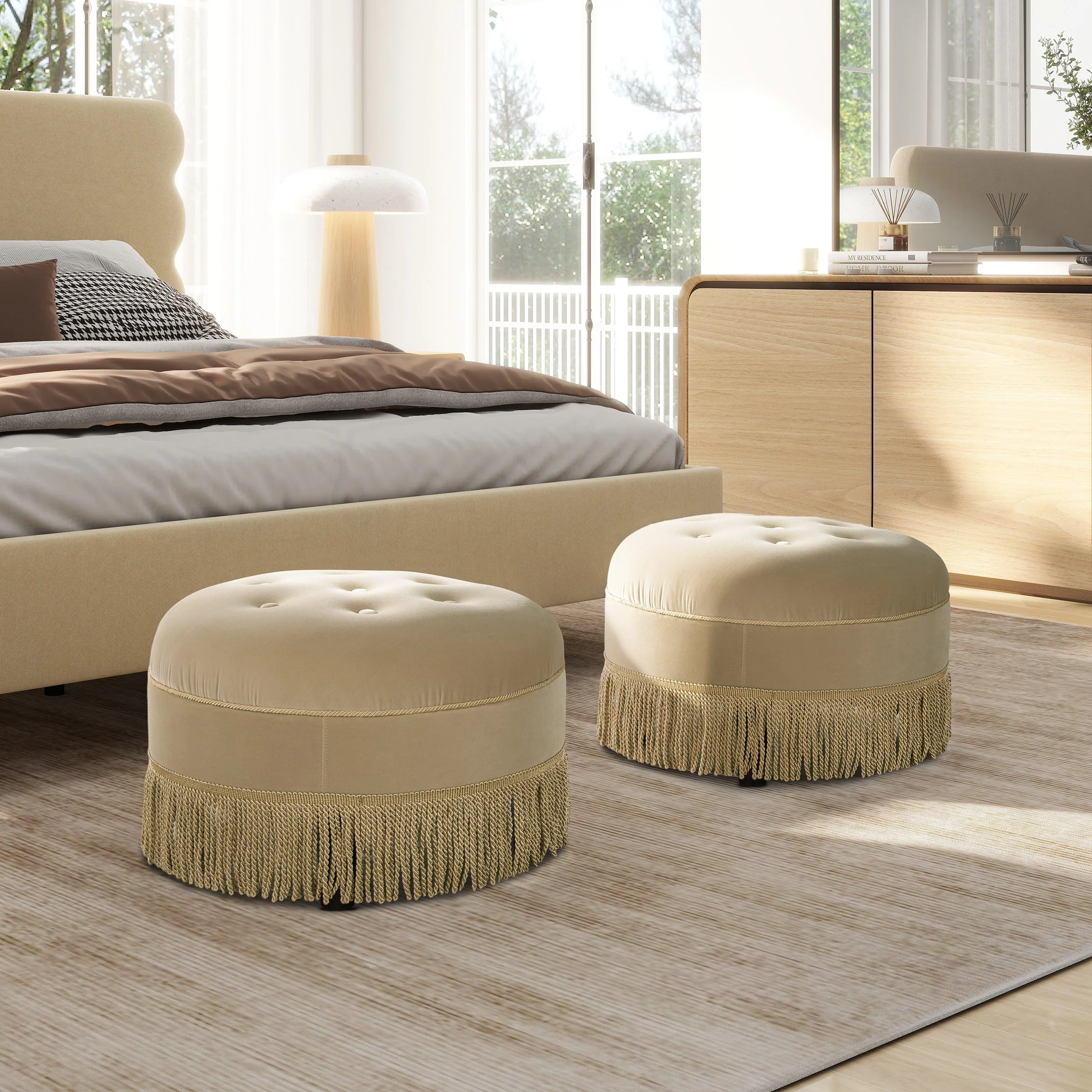 Yolanda 24" Round Upholstered Accent Ottoman in Fawn Brown Velvet - Image 6
