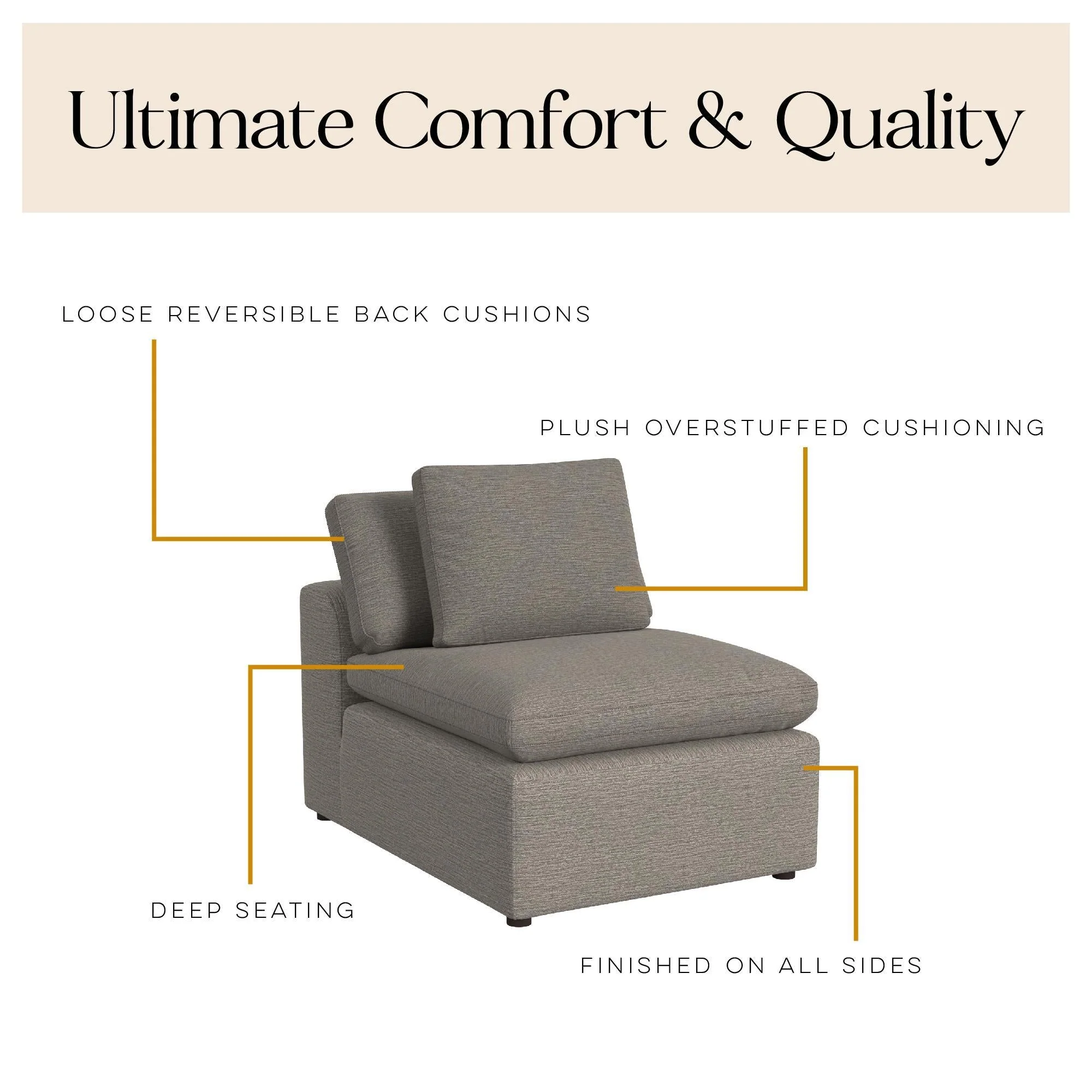 York - Modular Armless Chair With Overstuffed Cushion And Adjustable Pillows - Taupe - Image 4