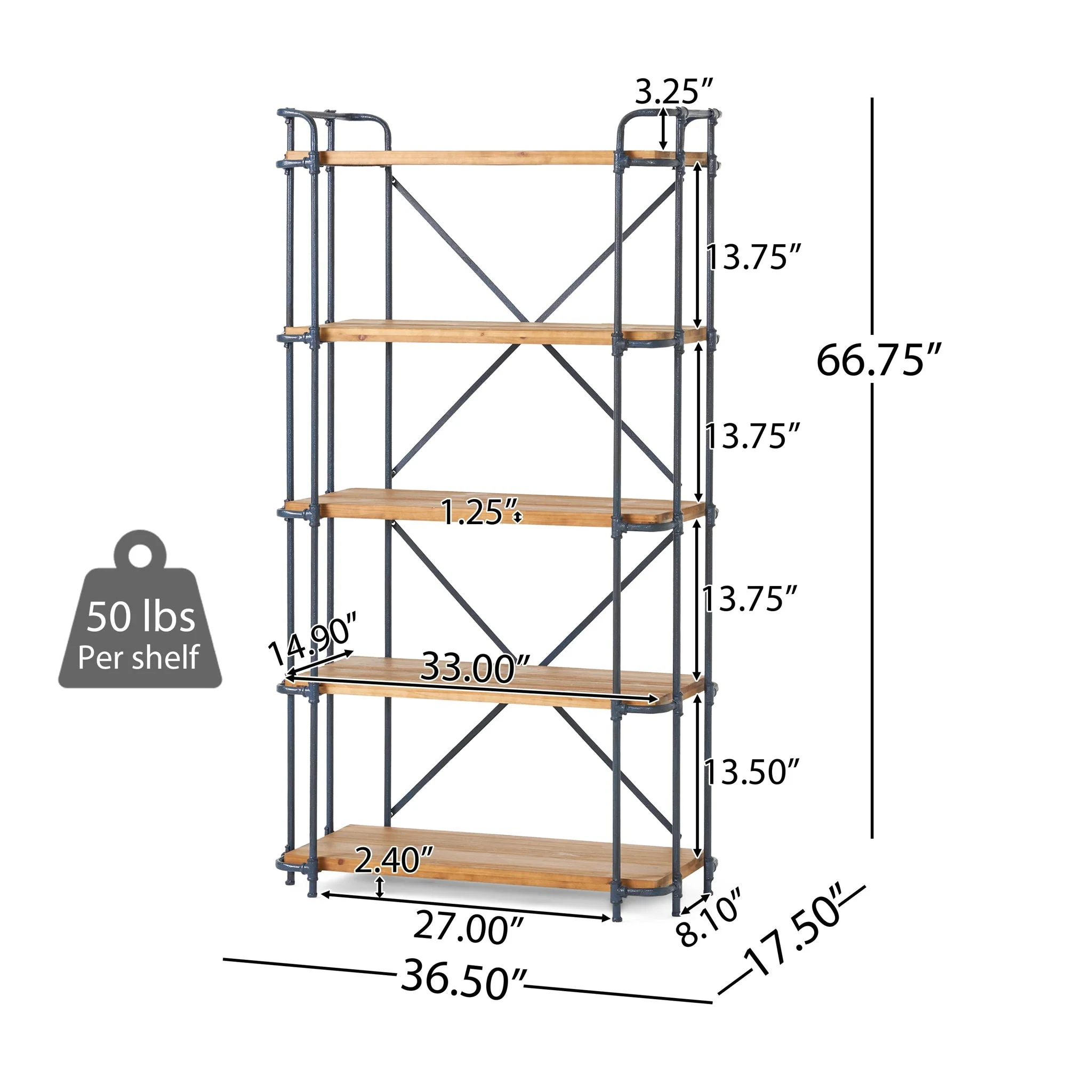 Yorktown Industrial 5 Shelf Bookcase with Metal Pipework and Solid Fir - Natural - Image 2