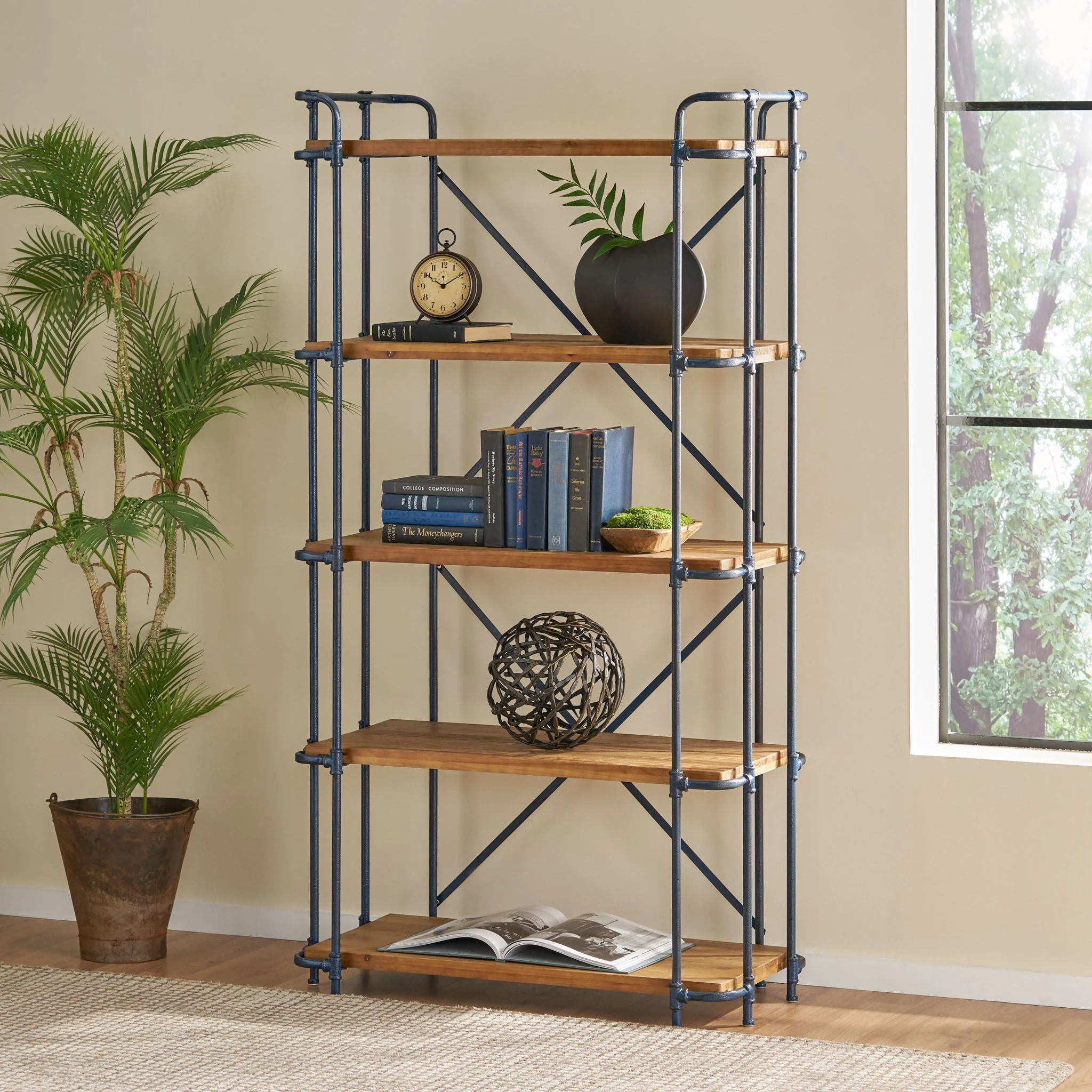 Yorktown Industrial 5 Shelf Bookcase with Metal Pipework and Solid Fir - Natural - Image 3