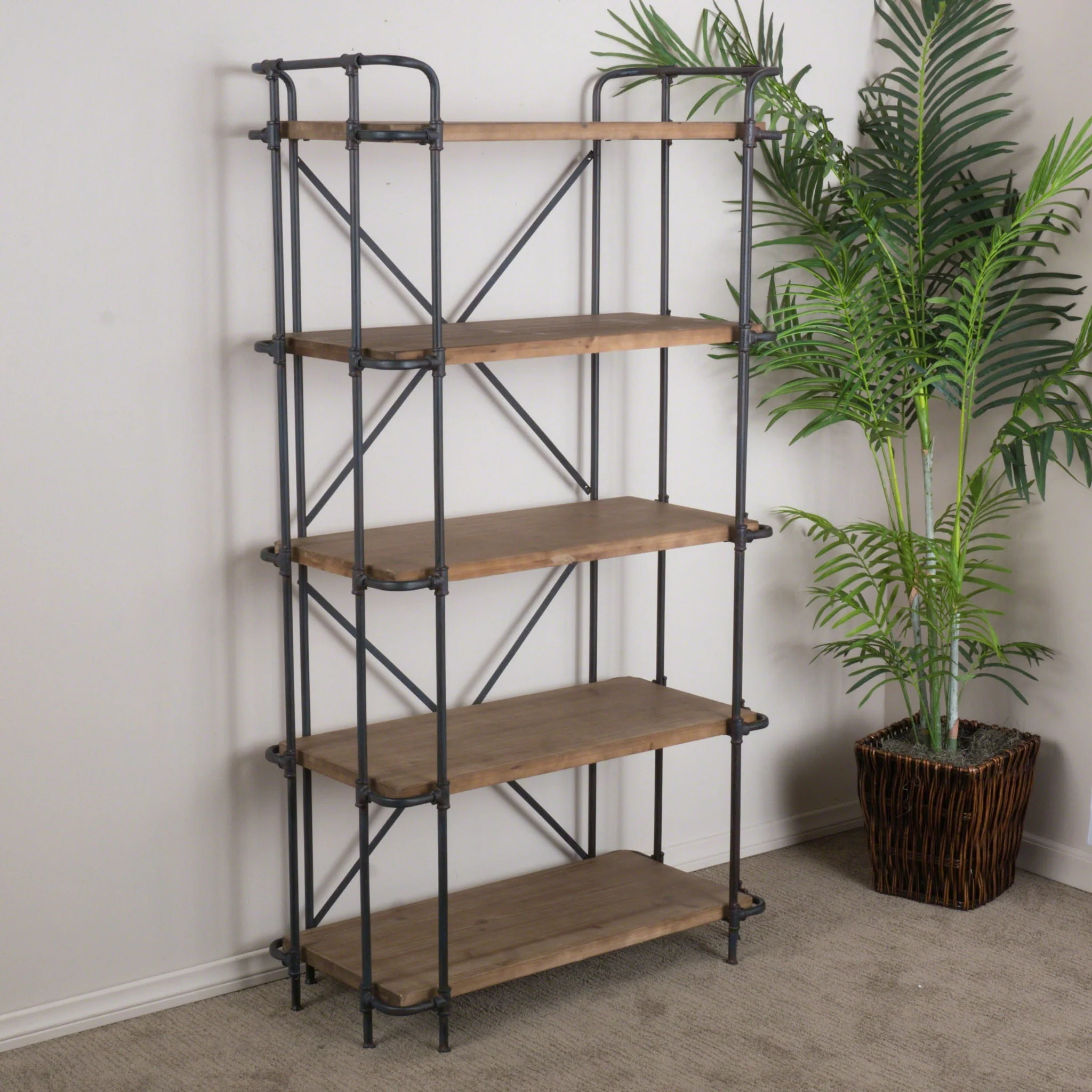 Yorktown Industrial 5 Shelf Bookcase with Metal Pipework and Solid Fir - Natural - Image 4