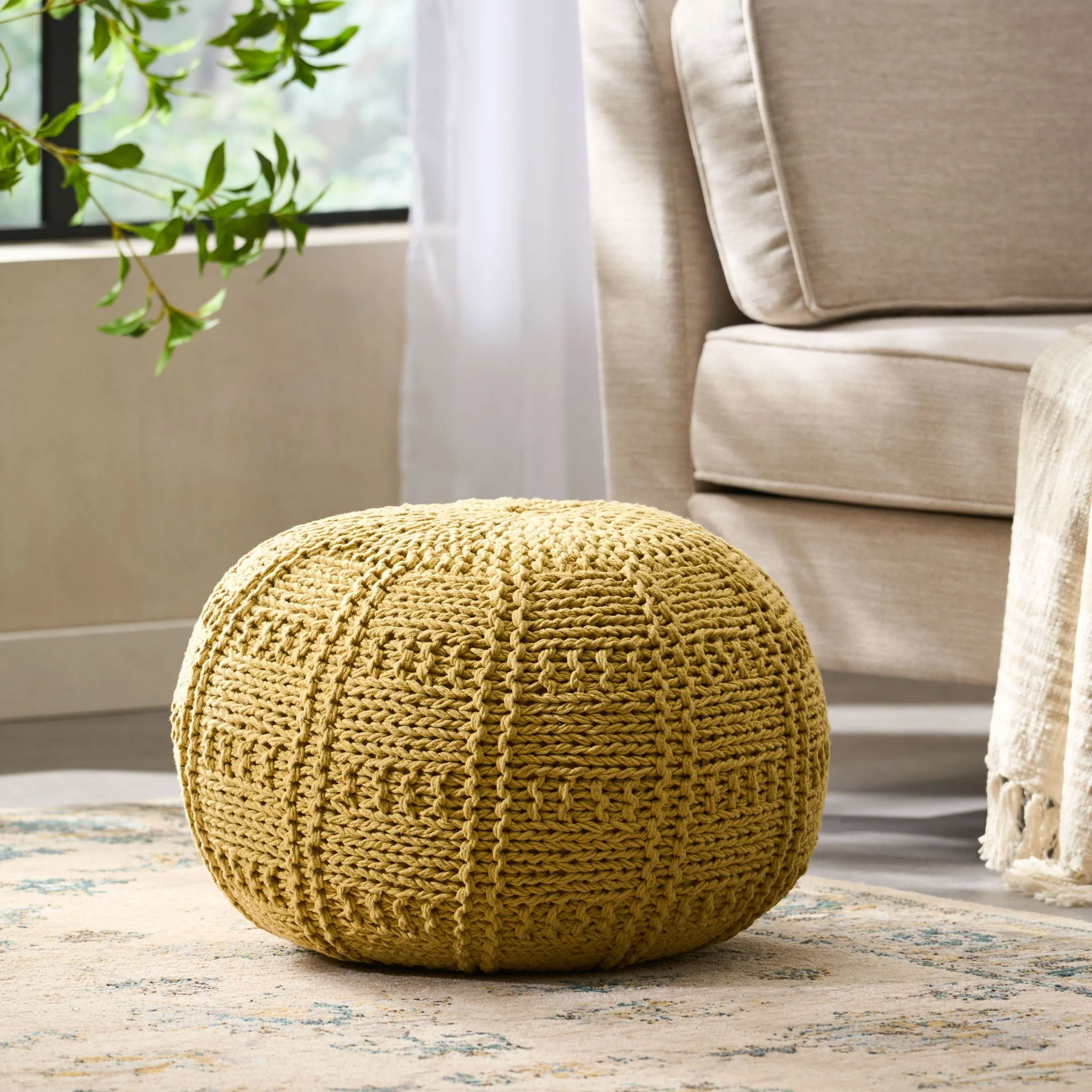 Yuny Knitted Cotton Round Pouf With Modern Design - Yellow - Image 2