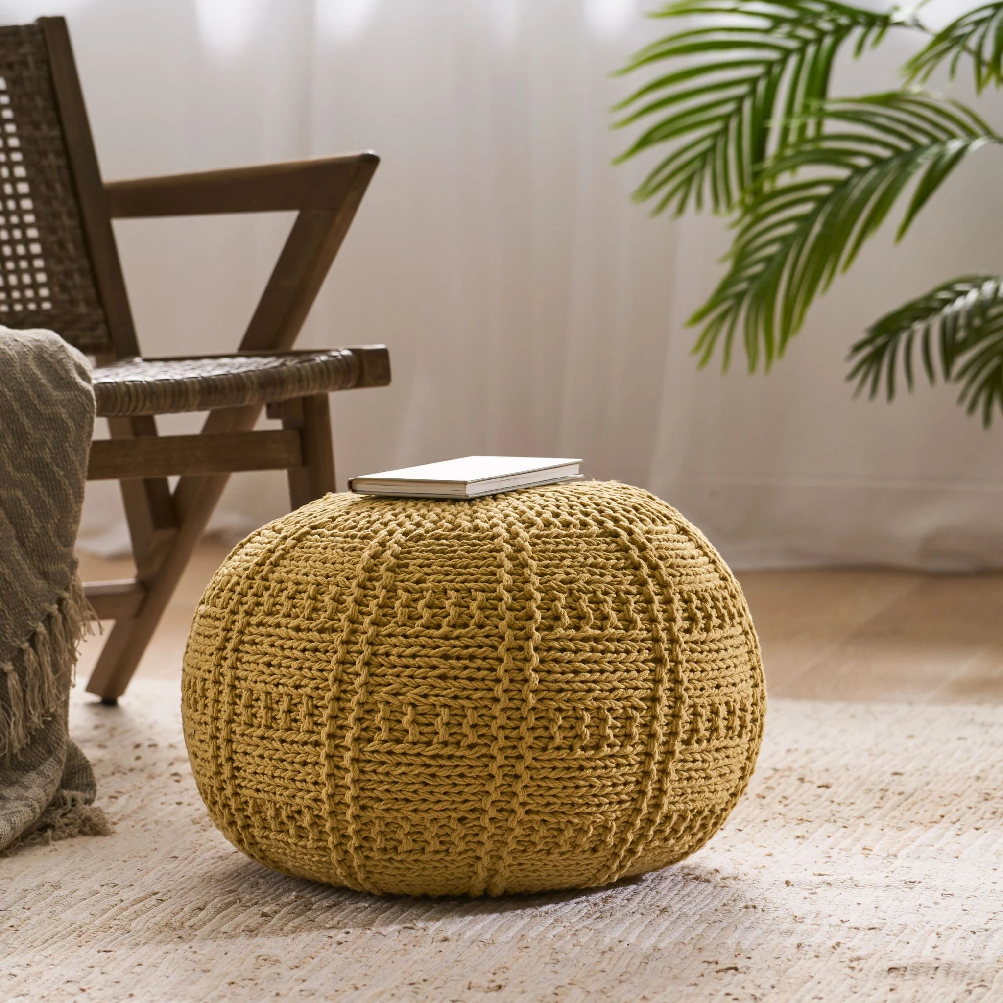 Yuny Knitted Cotton Round Pouf With Modern Design - Yellow - Image 4