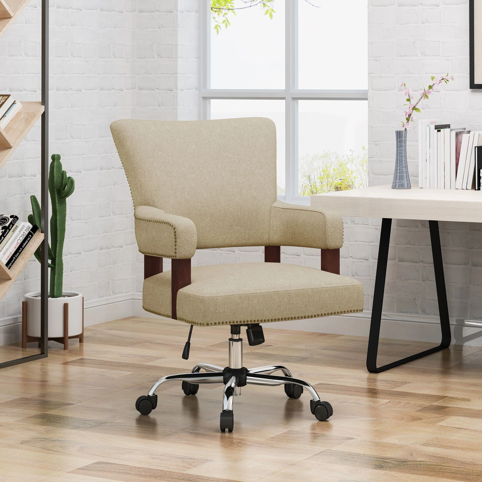 Zealous Upholstered Office Chair with Curved Arms and Nailhead Accents - Wheat - Image 3