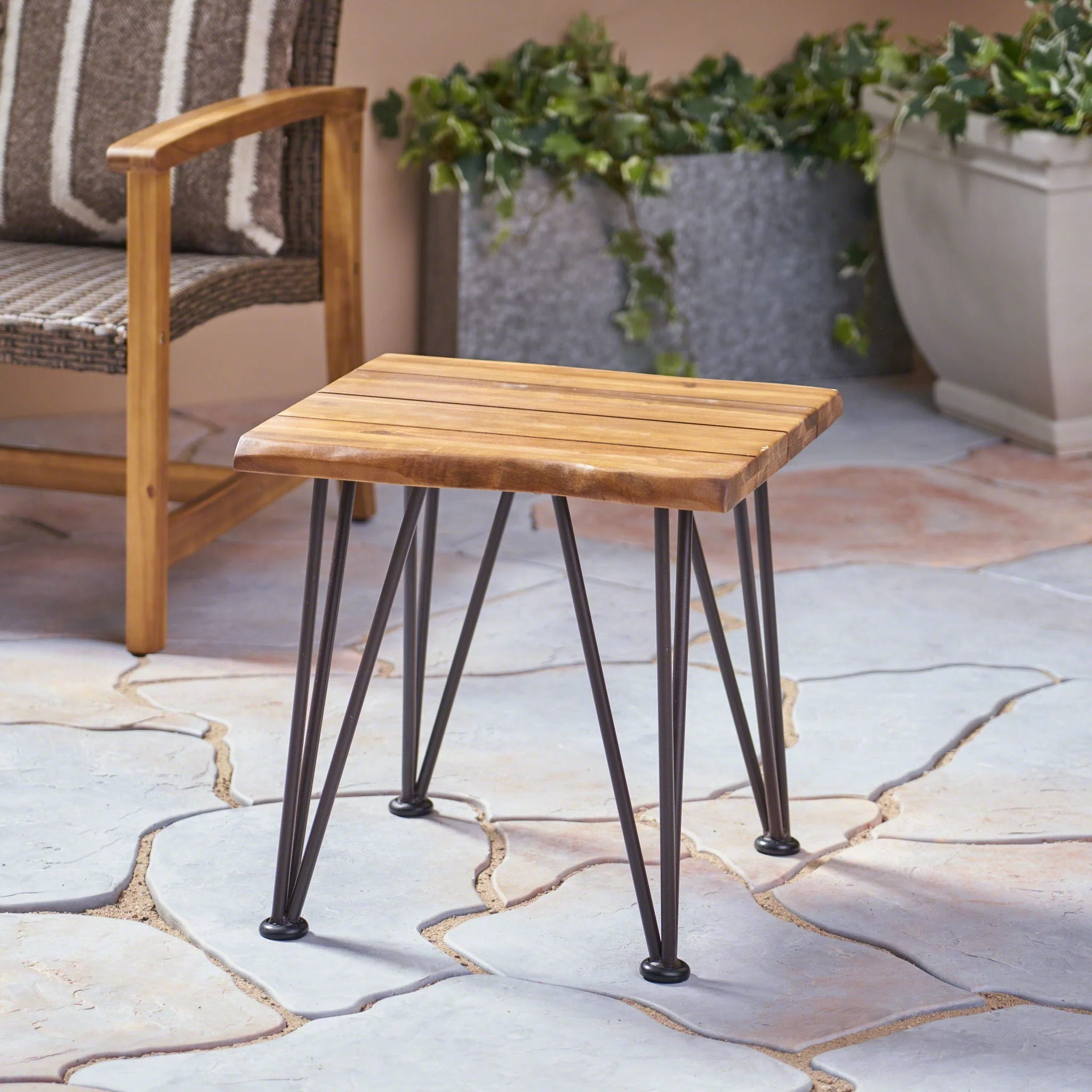 Zenith Outdoor Industrial Accent Table Set of 2 - Teak - Image 4