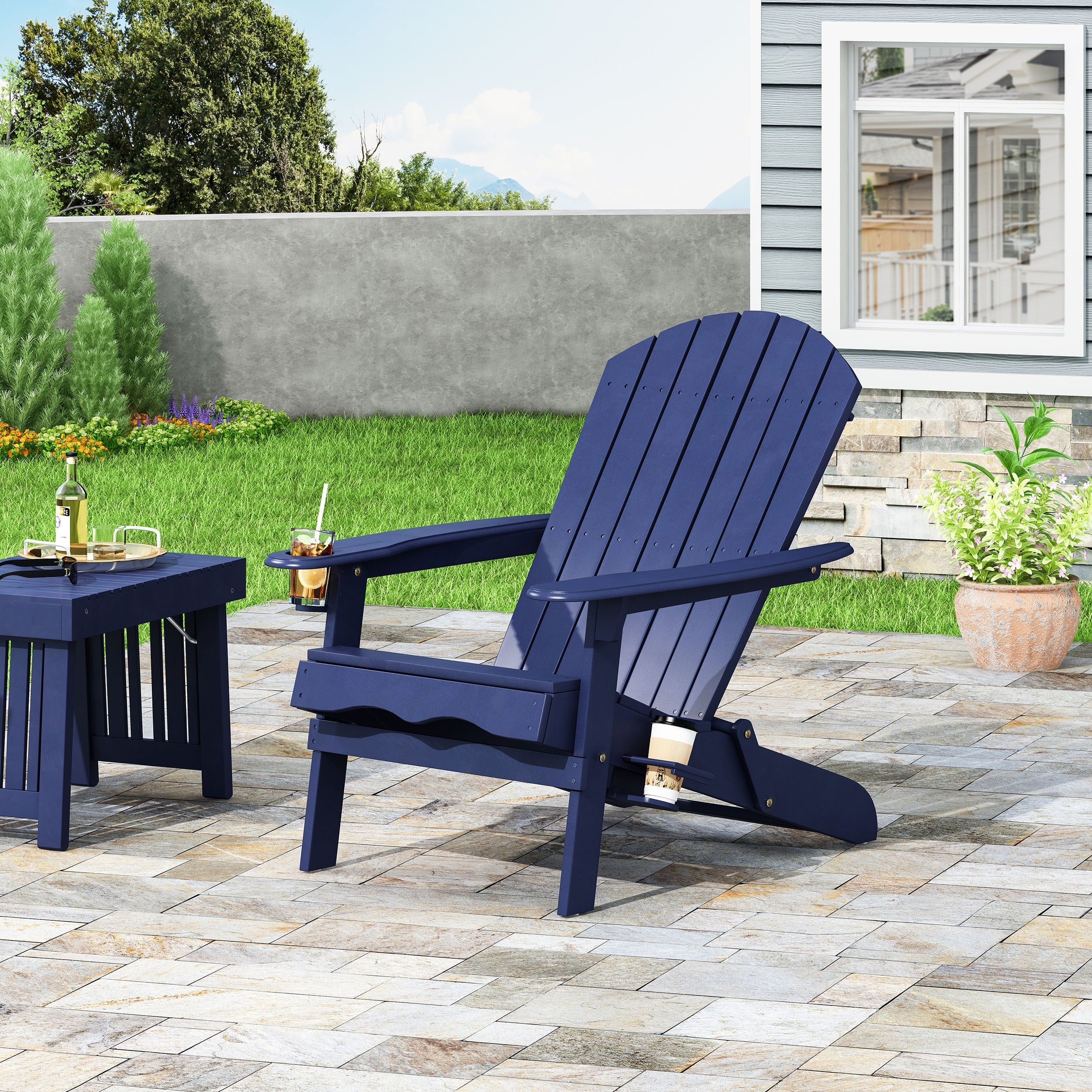 Zenithia Outdoor Foldable Adirondack Chair with 2 Cup Holders, Blue - Image 2
