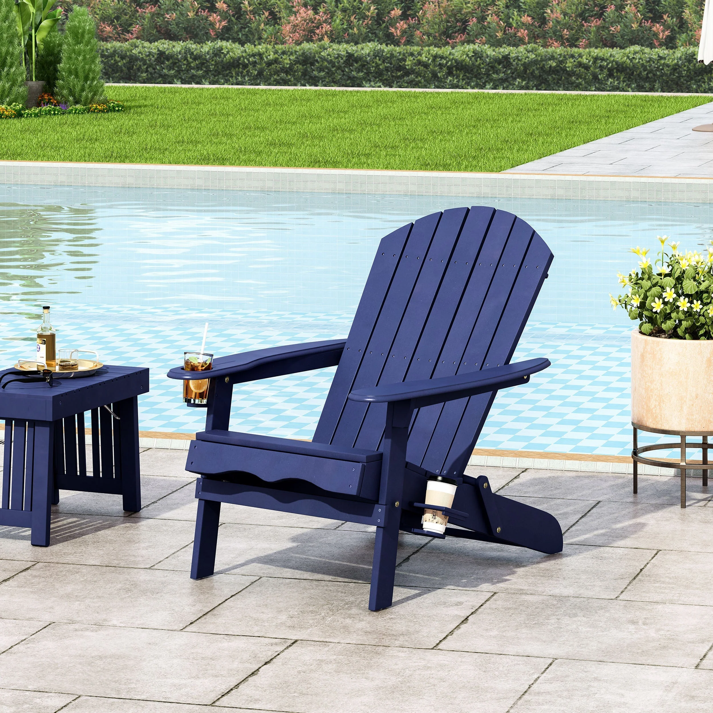 Zenithia Outdoor Foldable Adirondack Chair with 2 Cup Holders, Blue - Image 4