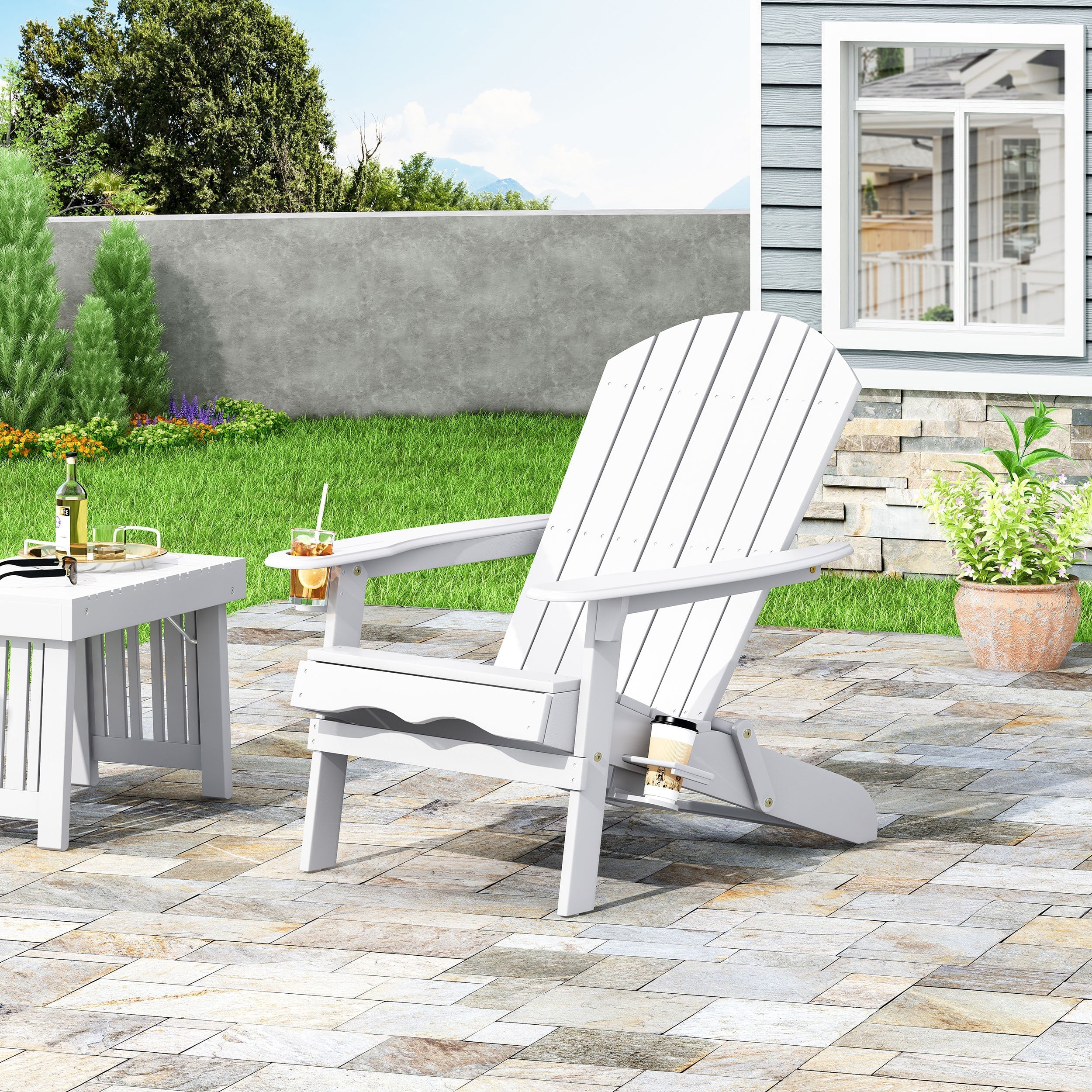Zenithia Outdoor Foldable Adirondack Chair with 2 Cup Holders, White - Image 2