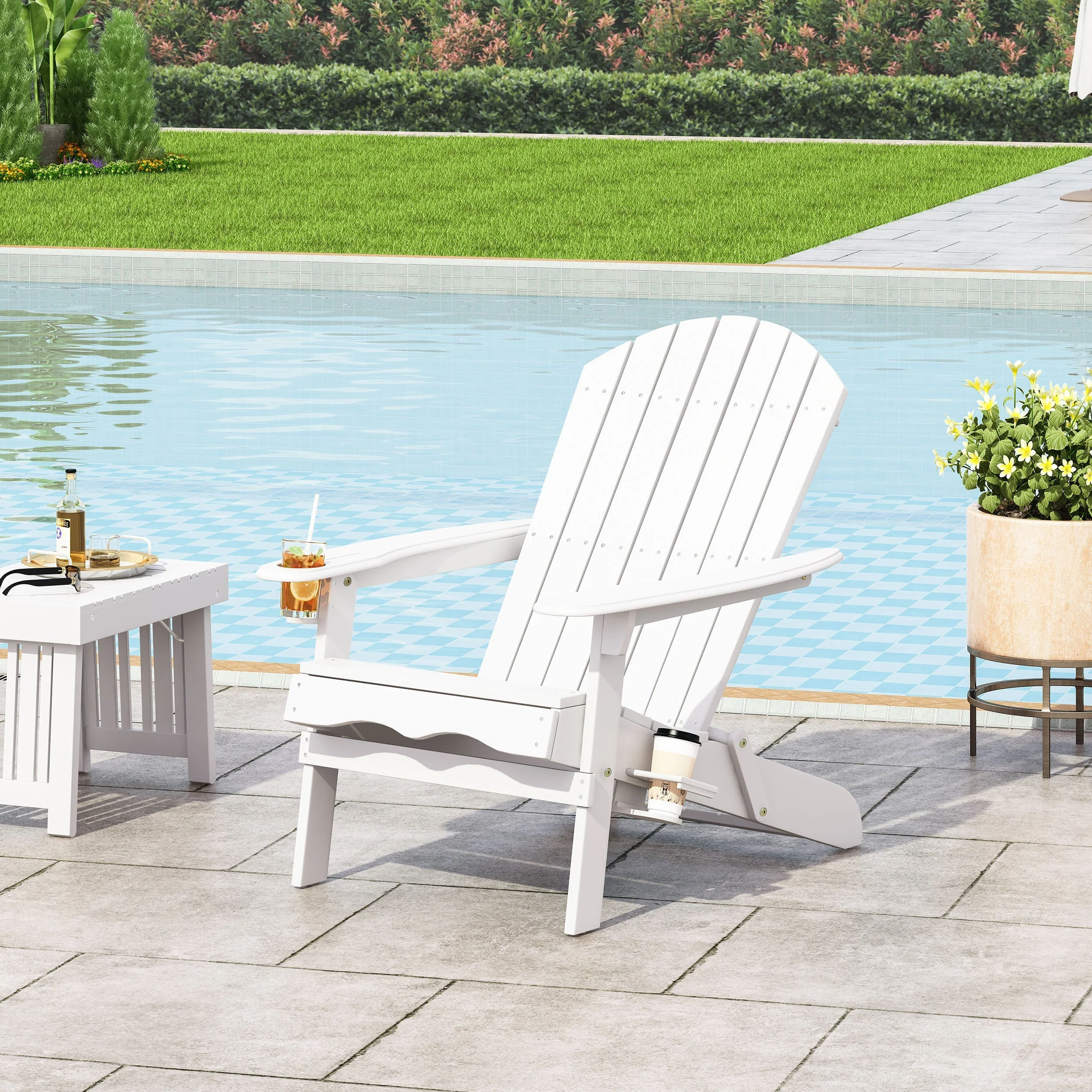 Zenithia Outdoor Foldable Adirondack Chair with 2 Cup Holders, White - Image 4
