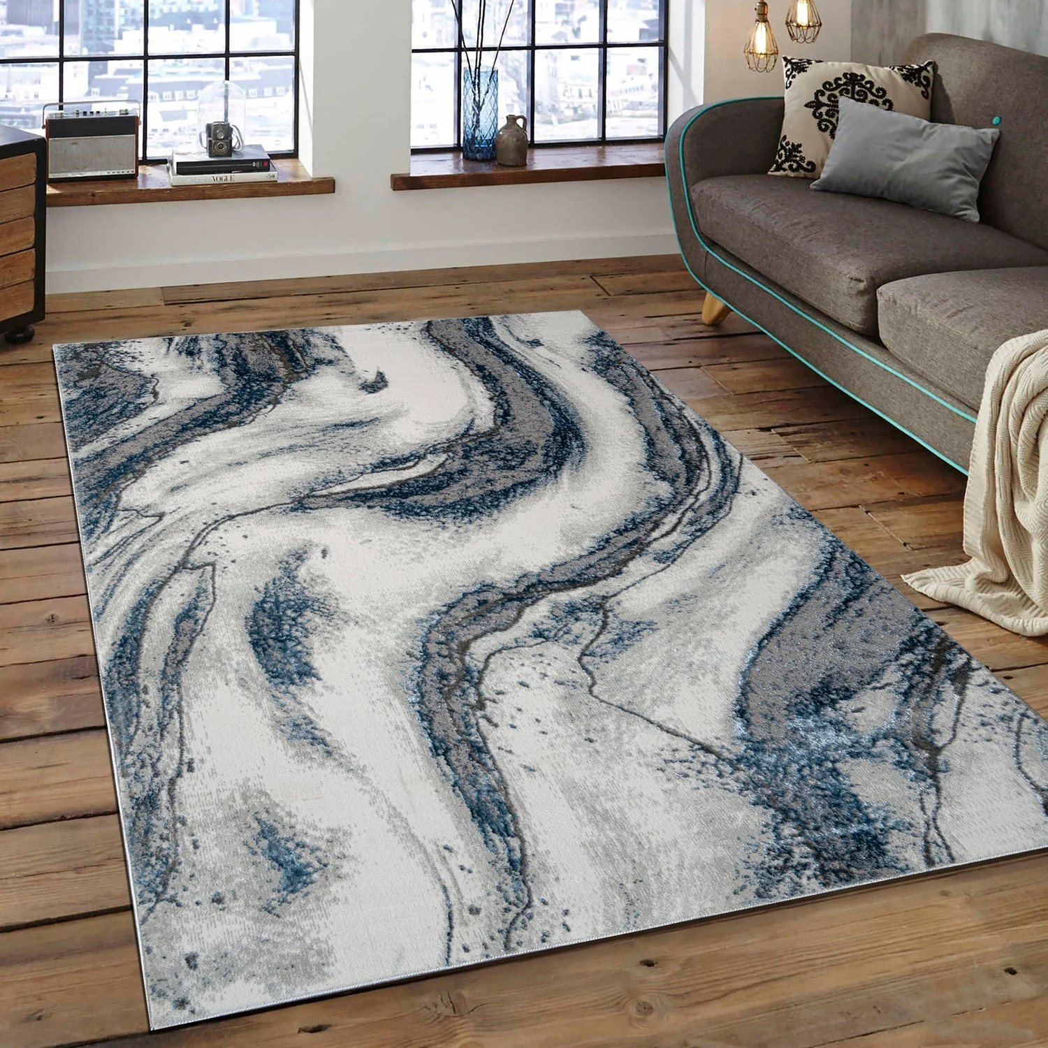 'Ziv' Luxury Area Rug in Blue and Grey Abstract Design - Image 5