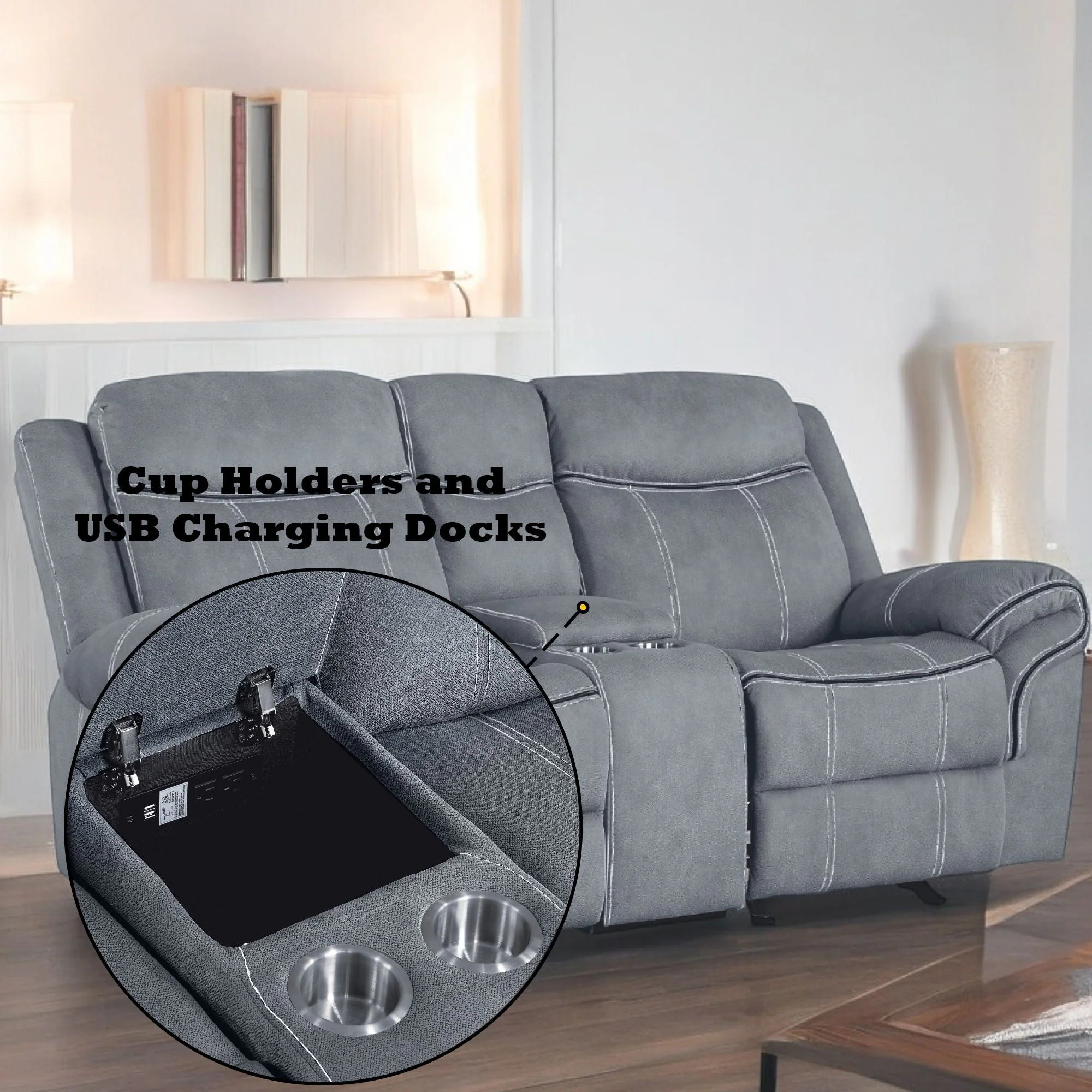 Zubaida - Two Tone Recliner Loveseat With USB Port Console - Image 3