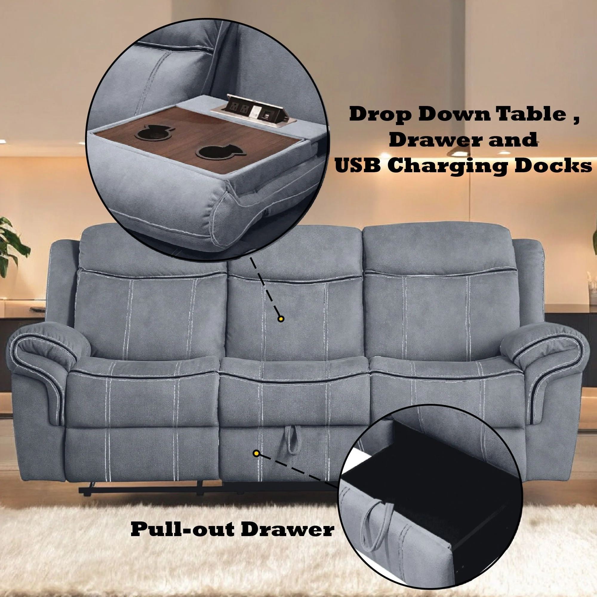Zubaida - Two Tone Recliner Sofa With USB Port Drop Down Table - Image 7